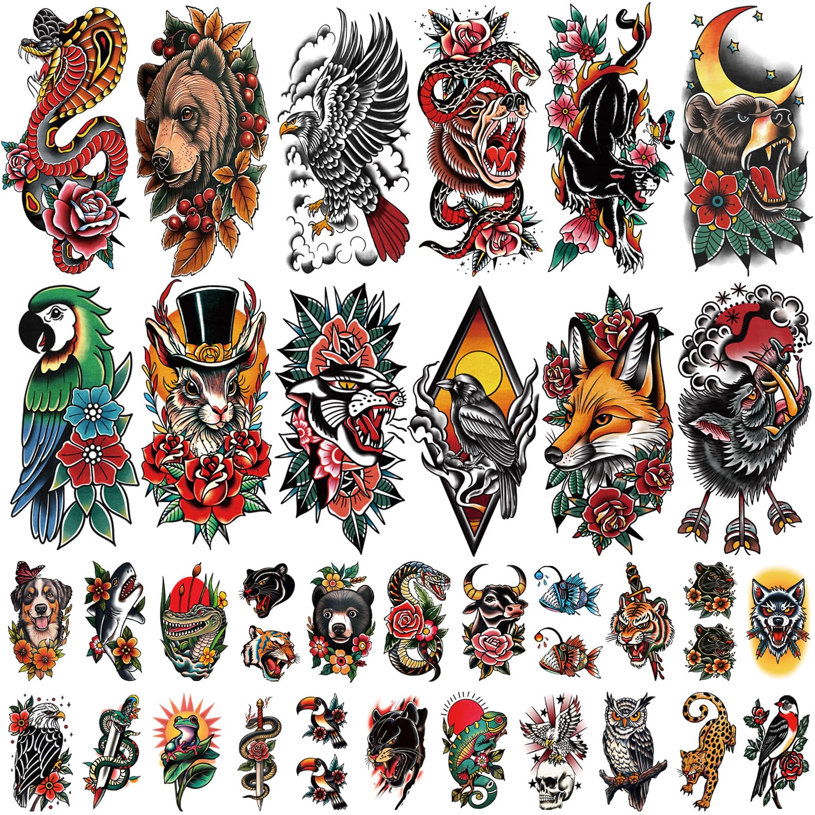 77 Sheets Temporary Tattoo Tiger Fox Cat Owl Snake Half Arm Fake Tattoos for Women Men, Old School Animal Flower Deer Bee Art Sports Tiny for Adult