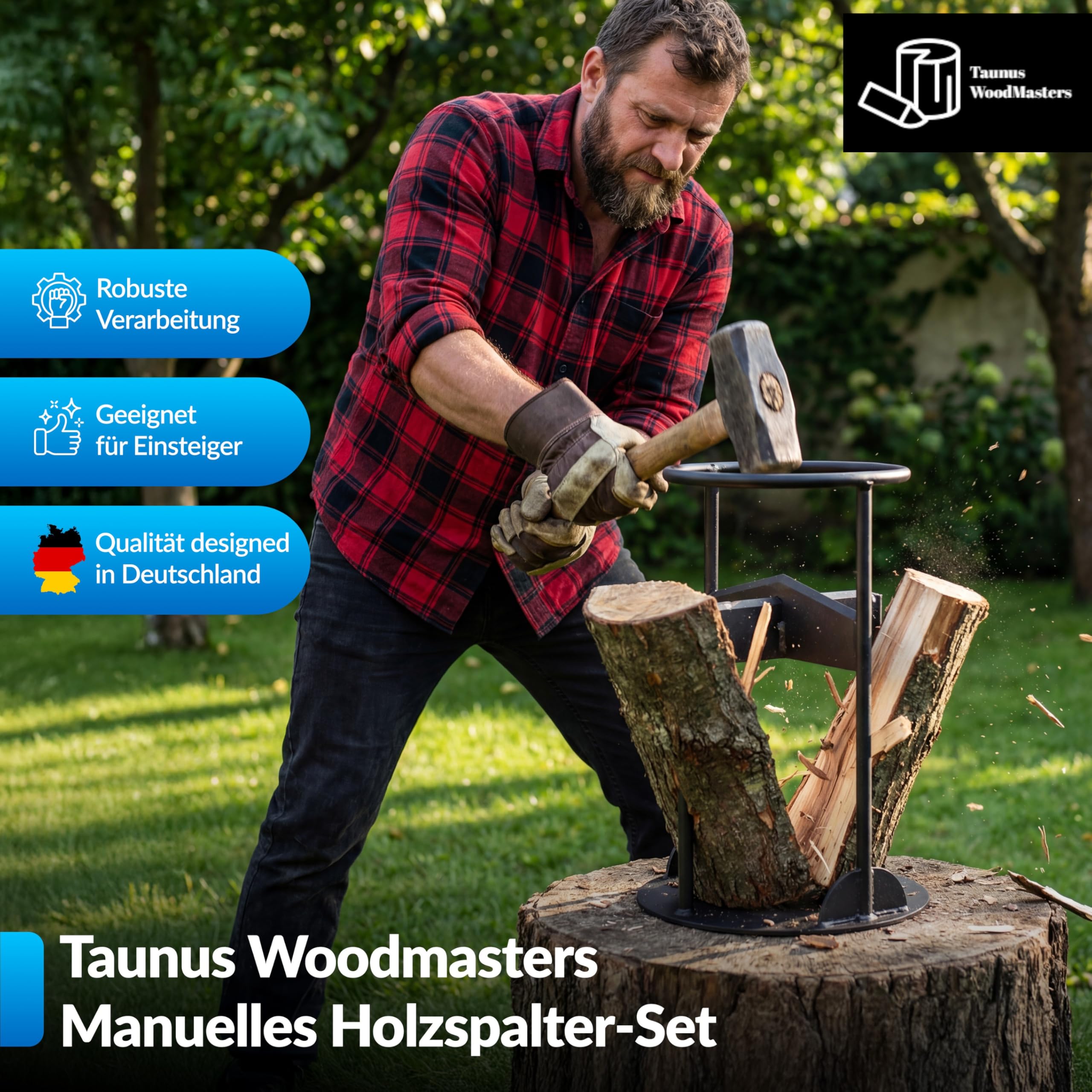 Manuelles Holzspalter Set – Handholzspalter mit Bodenanker, Transportnetz und Schleifstein – Sicher Holz spalten ohne Strom – Taunus Woodmasters
