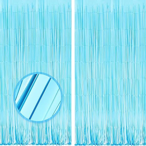 MALANKU 2 cortinas de flecos de papel de aluminio azul pastel para decoración de fiesta de niños, 3.3 x 8.2 pies, color azul claro, telón de fondo