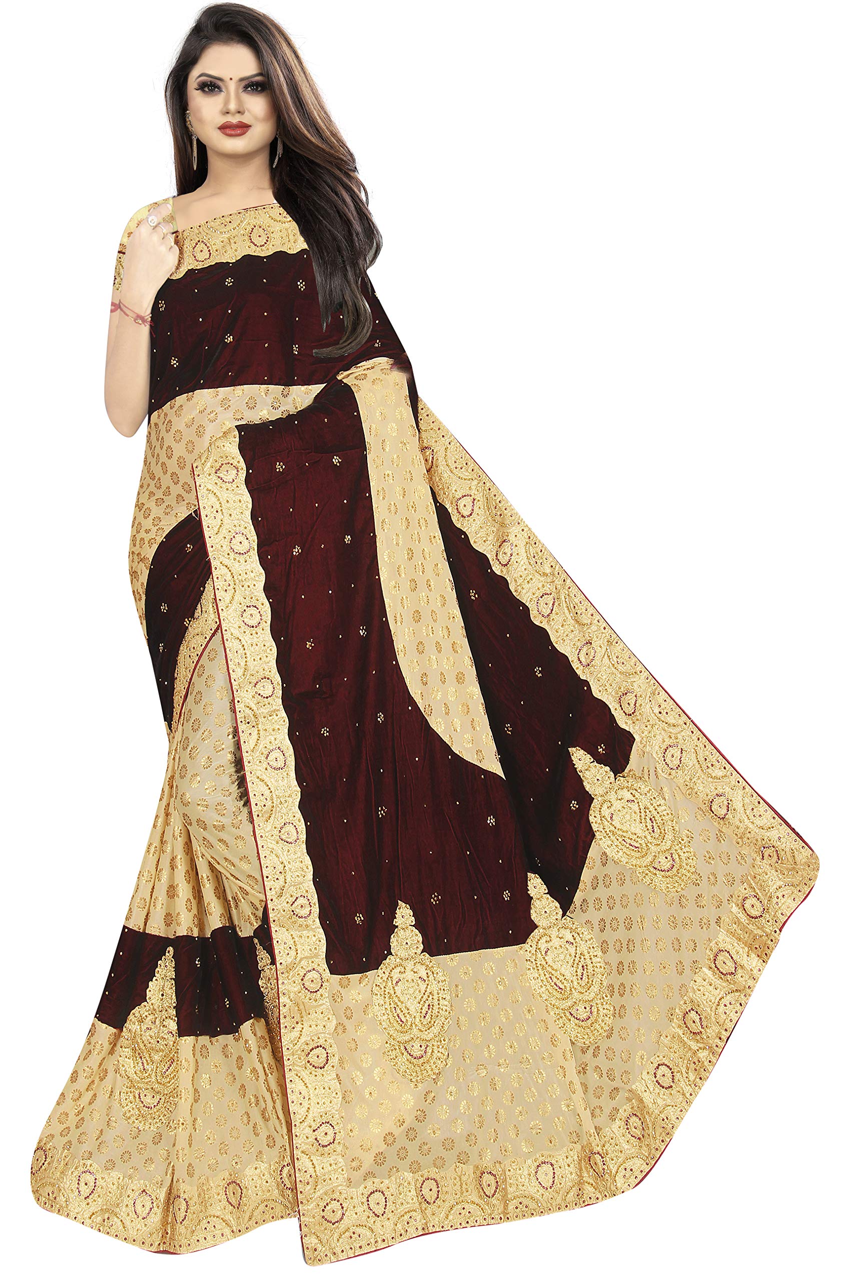 Saraswati Fab Women's Ubox Velvet Saree With Blouse Piece (Maroon)