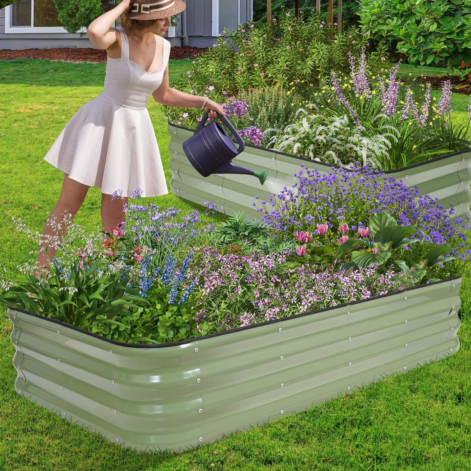 1MORE Raised Garden Bed -5X3X1 Galvanized Planter Box for Outdoor Gardening,4 in 1 Modular Raised Bed Kit with Protective Tape, Gloves for Herb,Ideal for Vegetables and Plants.Green-1Pcak