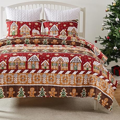 Gingerbread Lane Novelty Holiday Quilt Set - Cozy Christmas Holidays Themed Decor