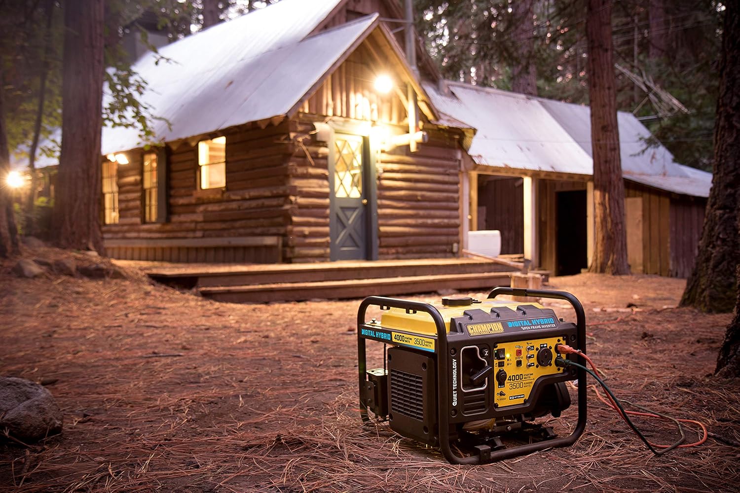Champion Power Equipment 4000-Watt RV Ready Open Frame Inverter Generator in a rustic outdoor setting.