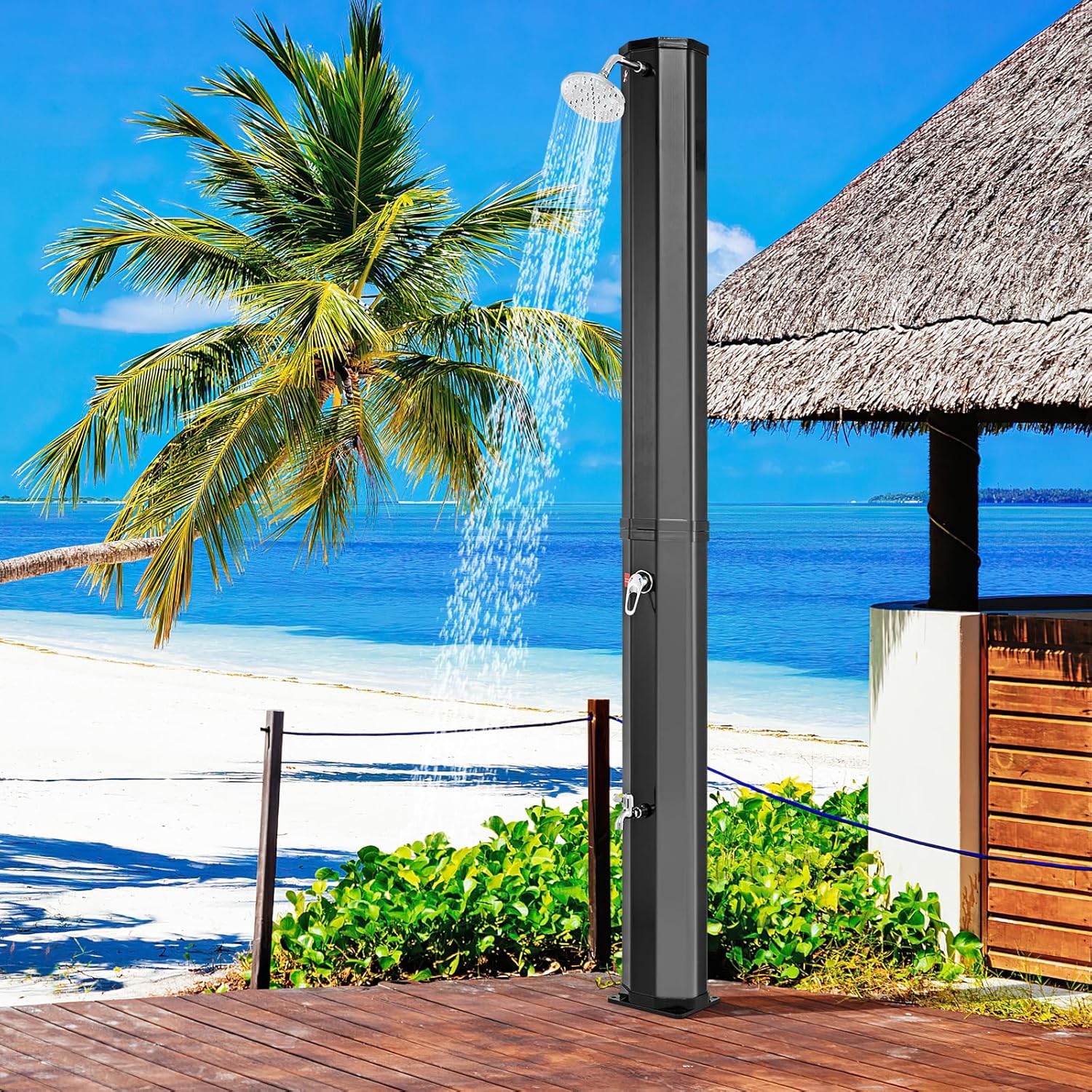 Goplus 15.9 Gallon Solar Heated Outdoor Shower, 7.5 FT Freestanding Outdoor Shower with Shower Head and Foot Shower Tap for Outdoor Backyard Poolside Beach Pool Garden, Black