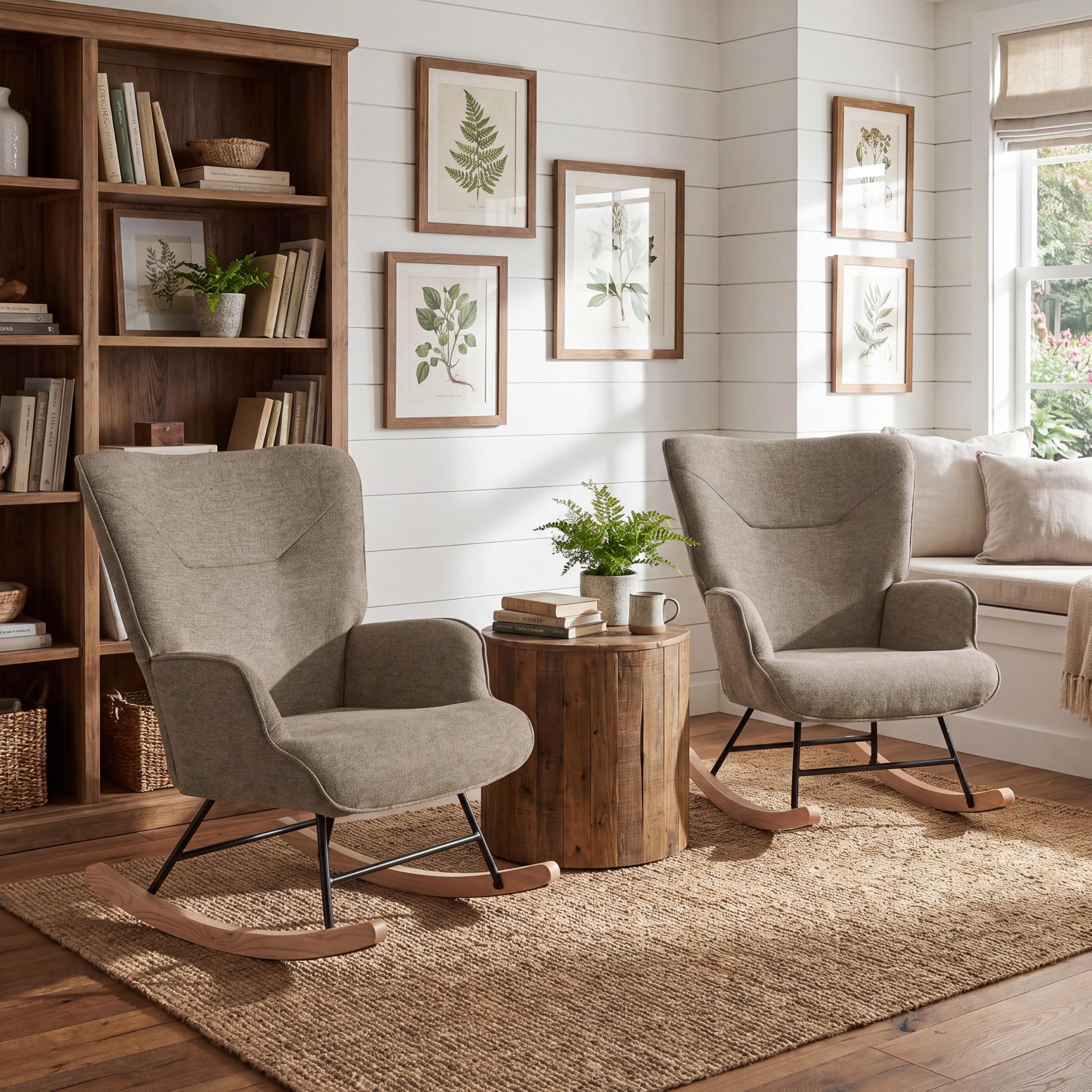 Ohrensessel Leiser Schaukelstuhl mit Armlehnen, Webstoff Sessel, Bequemer Relaxsessel mit Hoher Rückenlehne, Moderner Lesesessel für Wohnzimmer Schlafzimmer Kleine Räume, Sand