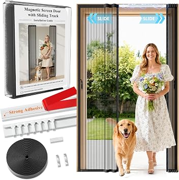 Sliding Magnetic Screen Door with Sliding Rail Black, Fits 32 x 80 Door | Classic Center-Opening, Scratch-Proof Polyester Mesh, Retractable to Both Sides, Hands-Free Entry with Maximizes Usable Space