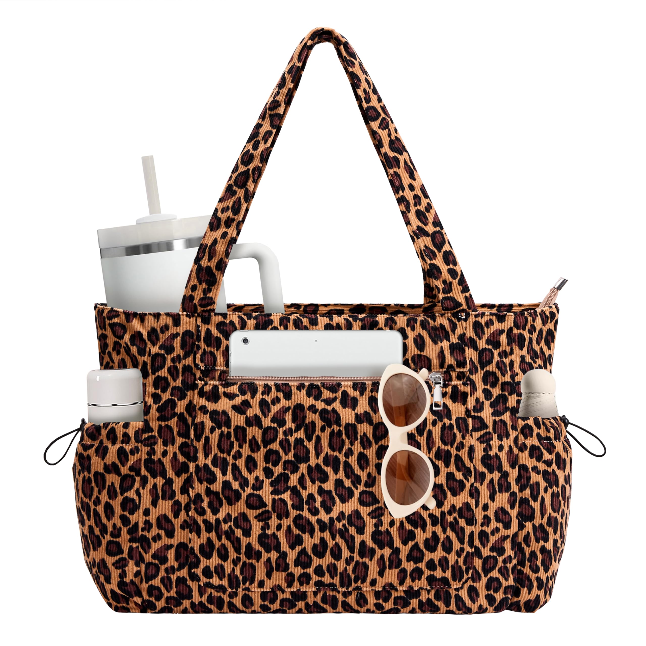 LOTEZAVA Tasche für Damen Cord Tote Bag mit Reißverschluss, große Schultertasche Shopper Handtasche mit Fächern für Reisen, Arbeit und Fitnessstudio