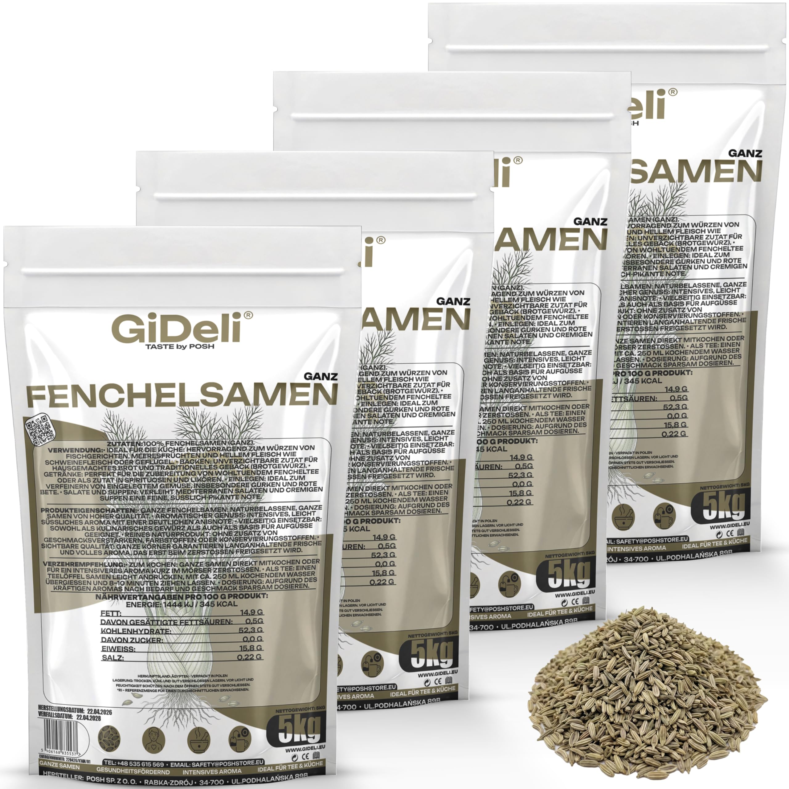 GiDeli Fenchelsamen Ganz aus Ägypten 4x5kg - 100% Naturrein & ohne Zusatzstoffe - Premium Fenchelsaat für Fencheltee, Kräutertee & Brotgewürz - Mediterrane Würze mit Anisnote