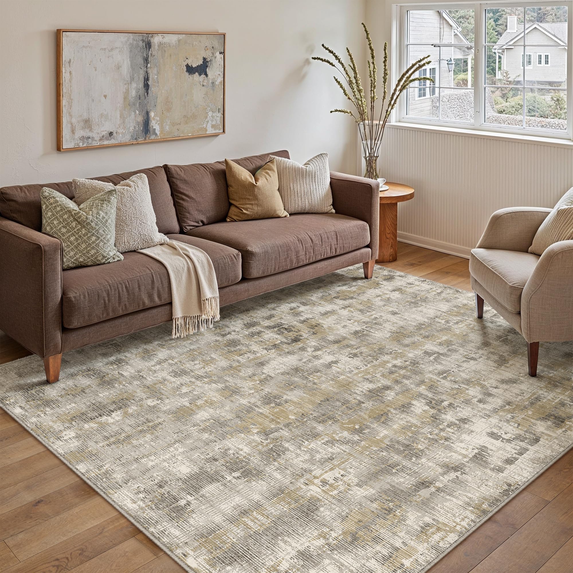 PureCozy Tappeto Salotto Tappeti 120x170cm Marrone Lavabile in Lavatrice Antiscivolo Moderno Astratto Naturale Grande Carpet Cameretta Scendiletto Camera da Letto Ufficio Pelo Corto