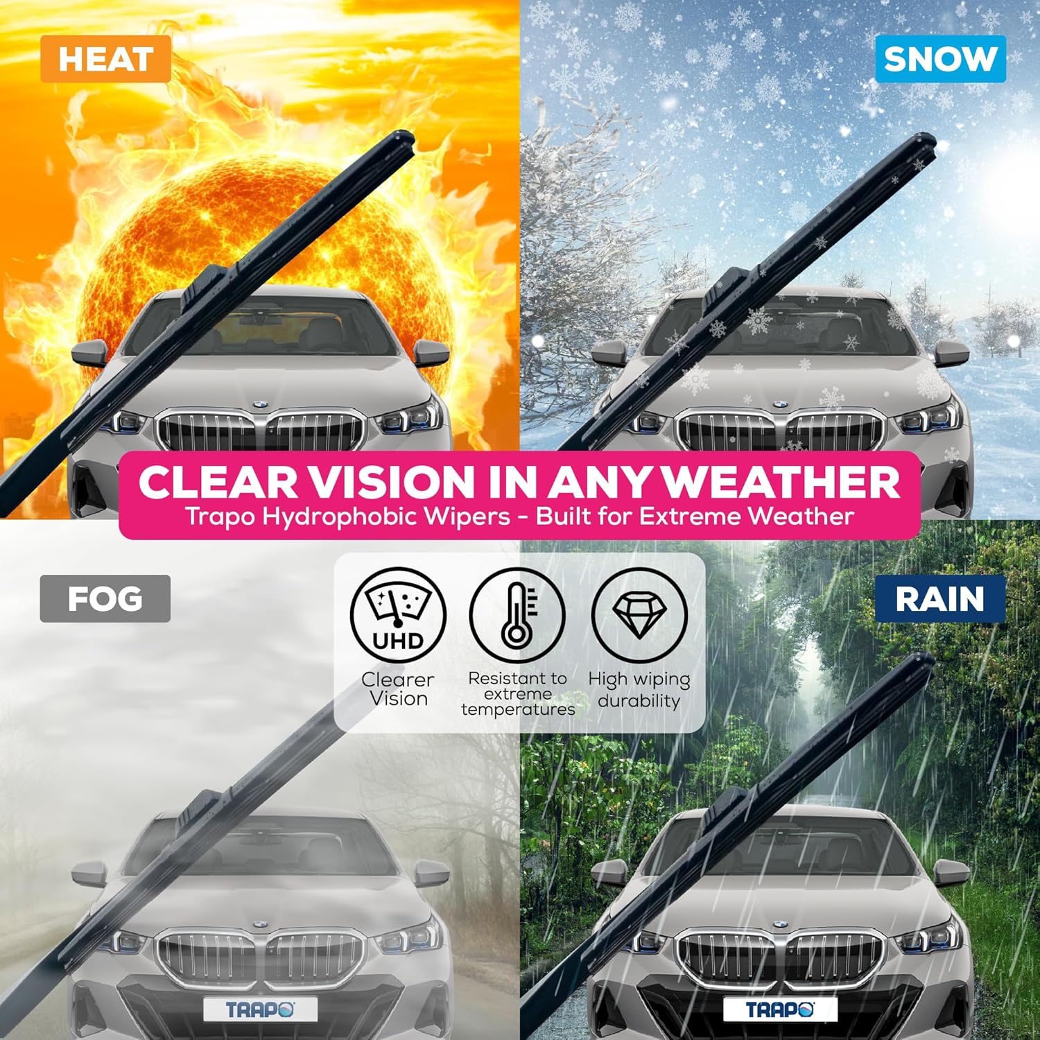 Trapo - 16” Hydrophobic Front Windshield Wiper Blade - Universal Fit for Most Vehicles - Durable & Silicone - Strong Water-Repellent Coating - Prevents Water Build-Up - Quick & Easy Install - 1 Blade