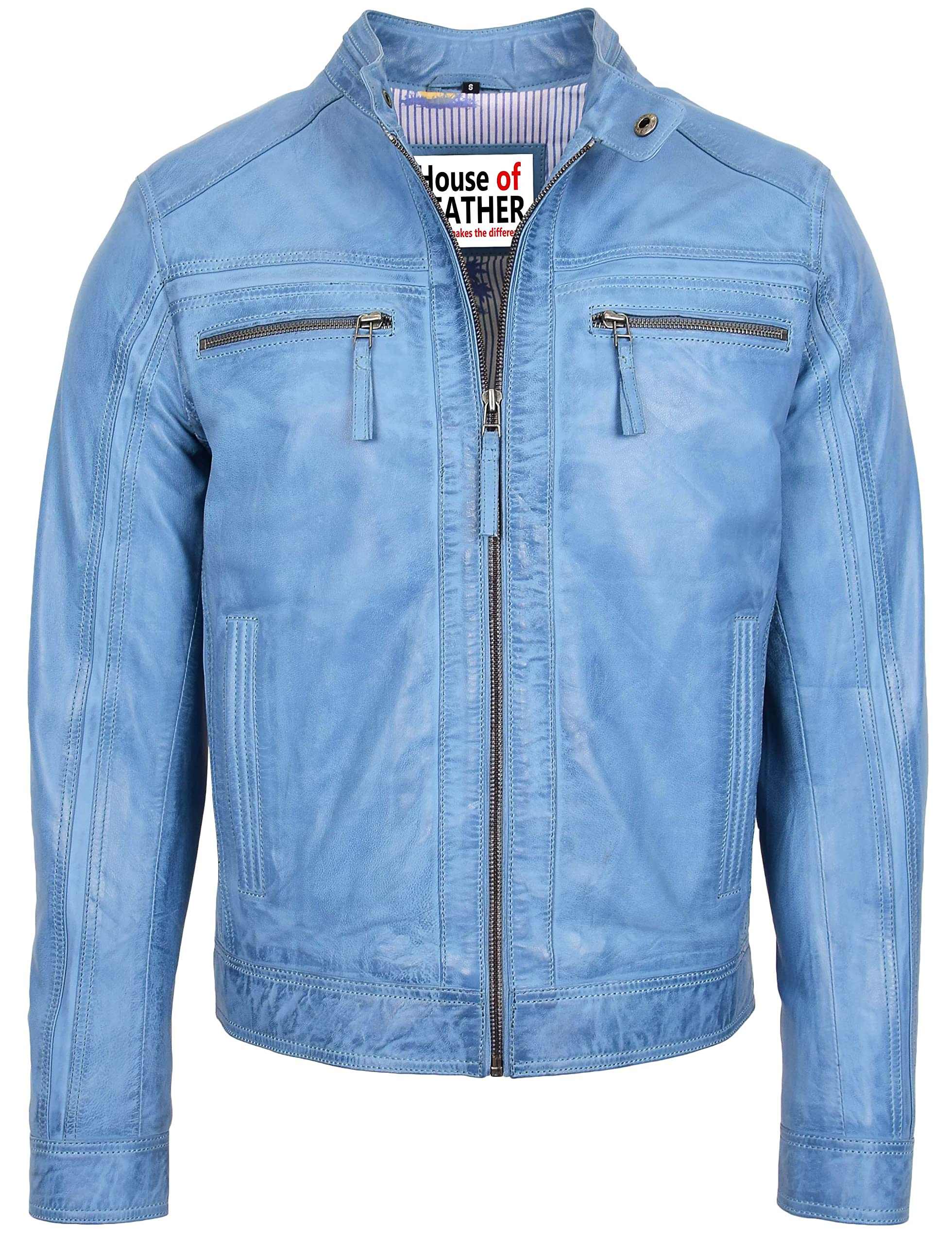 House of Leather - Men's Biker Jacket - Leather - Blue - XL