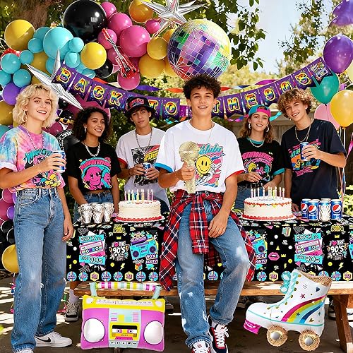 Miniatura 6 de Decoraciones para fiestas temáticas de los años 90 con telón de fondo de los años 90, pancarta, caja inflable, teléfono móvil, guitarra, globos de