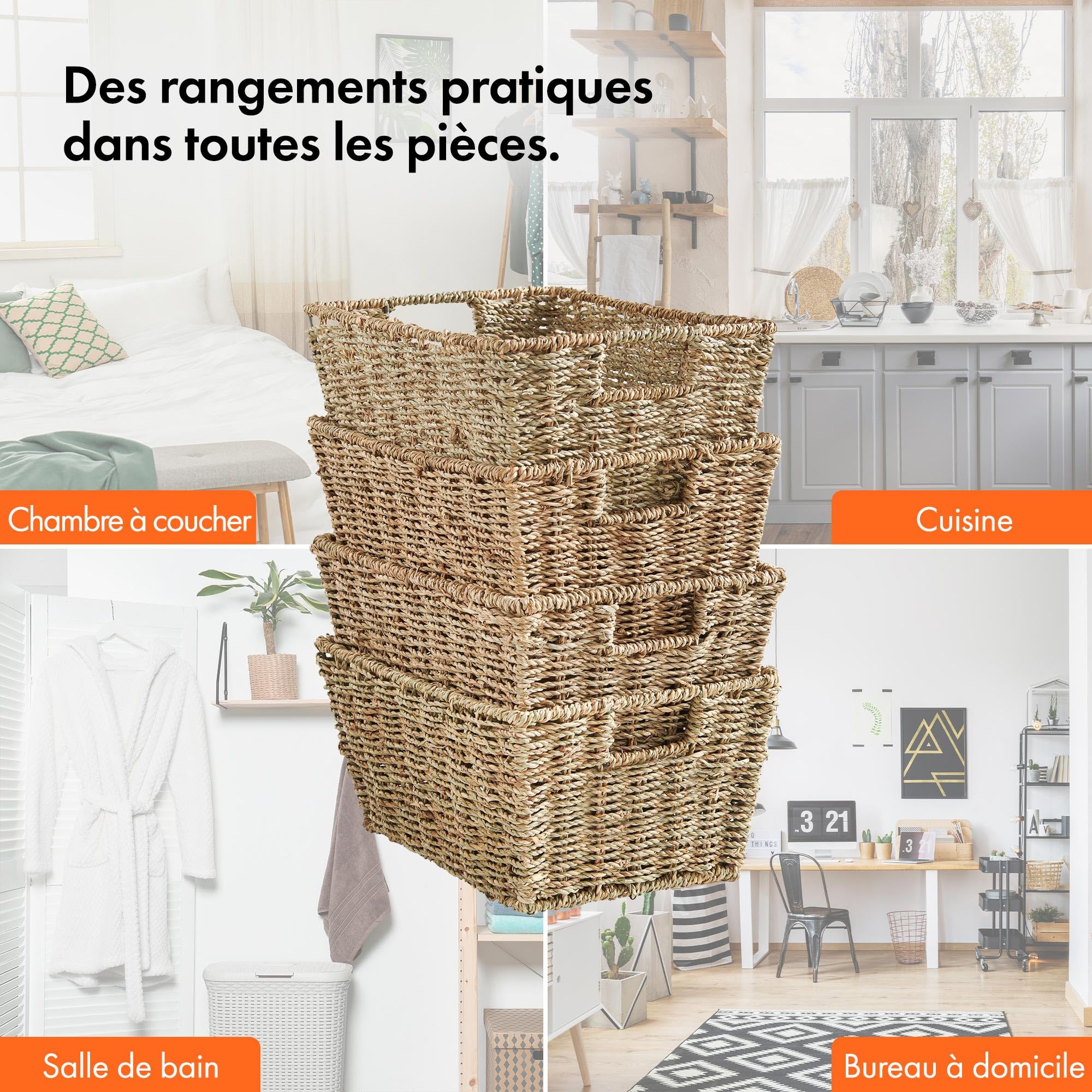 VonHaus Lot de 4 Paniers de Rangement en Jonc de Mer Tressés à la Main – Paniers Tressés avec Poignée - Paniers Tressés de Rangement Emboîtables – Pour Salle de Bains, Chambre, Bureau, Étagères