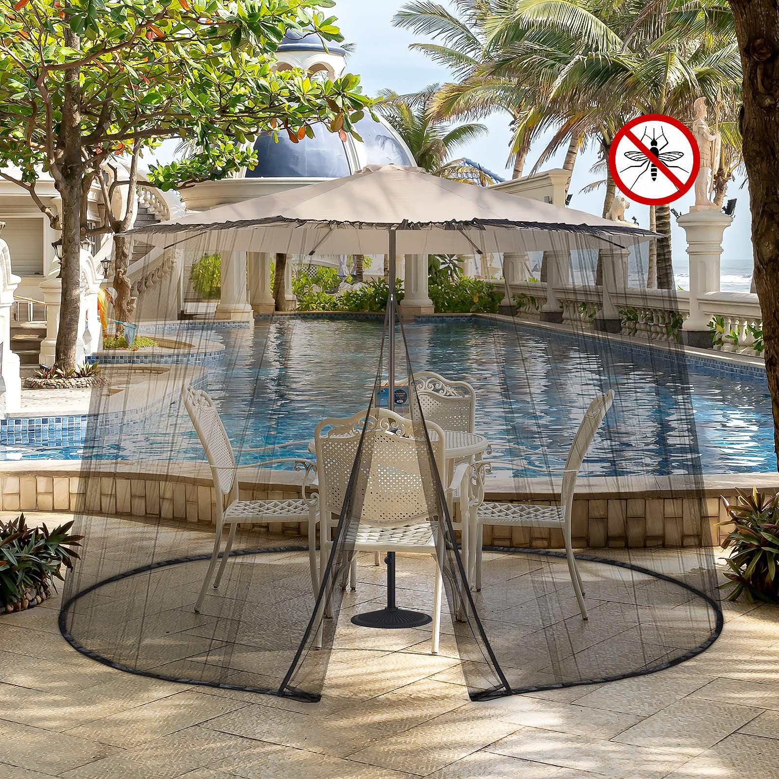 Sekey Mosquitera Ajustable para Sombrilla de 250-300 cm Patio, con Puerta Doble, 2,5 m de Altura, Negra