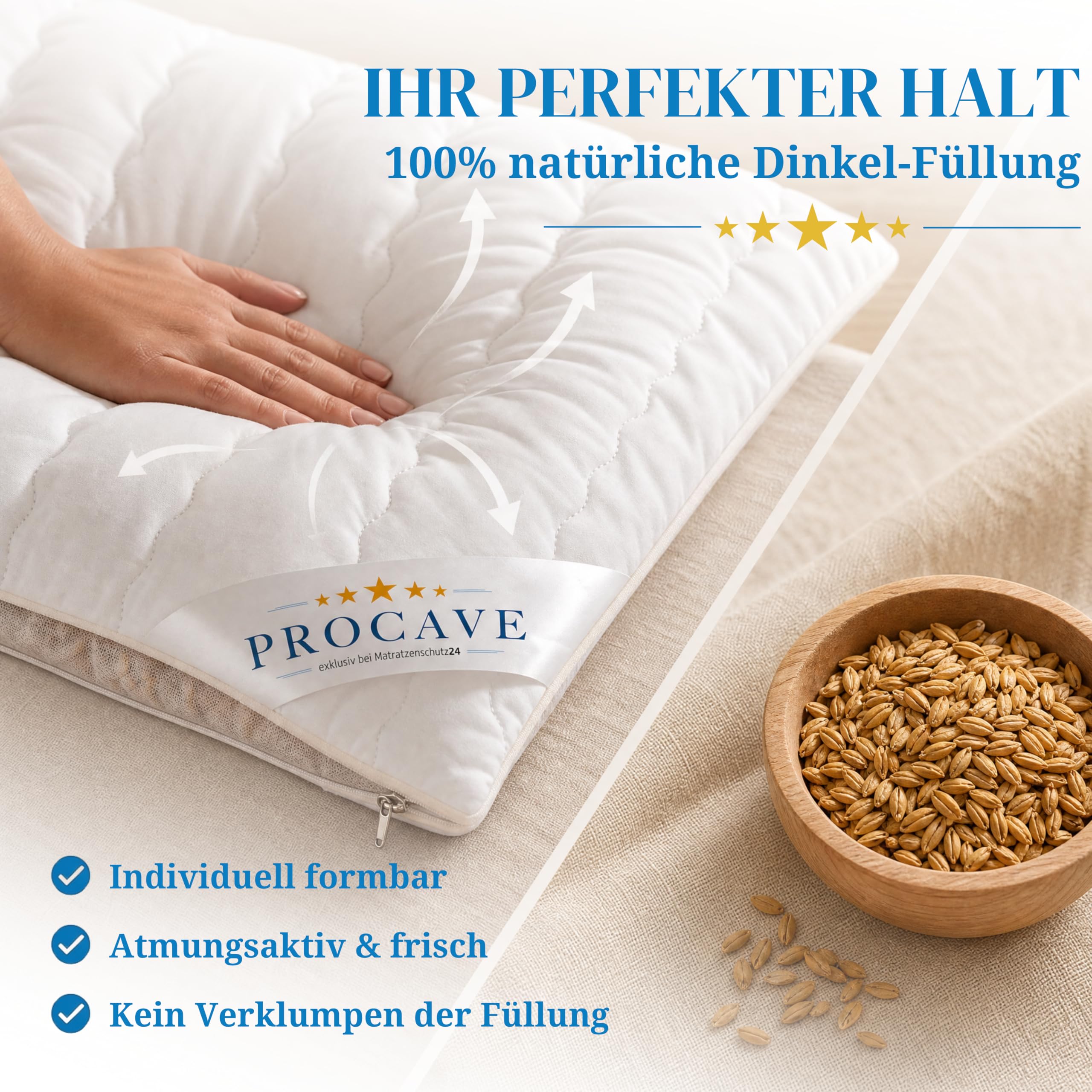 PROCAVE Dinkelkissen 40x80cm, Made in Germany, atmungsaktives Kissen mit Dinkel-Spelz, Körner-Kopf-Kissen mit waschbarem Bezug aus Baumwolle