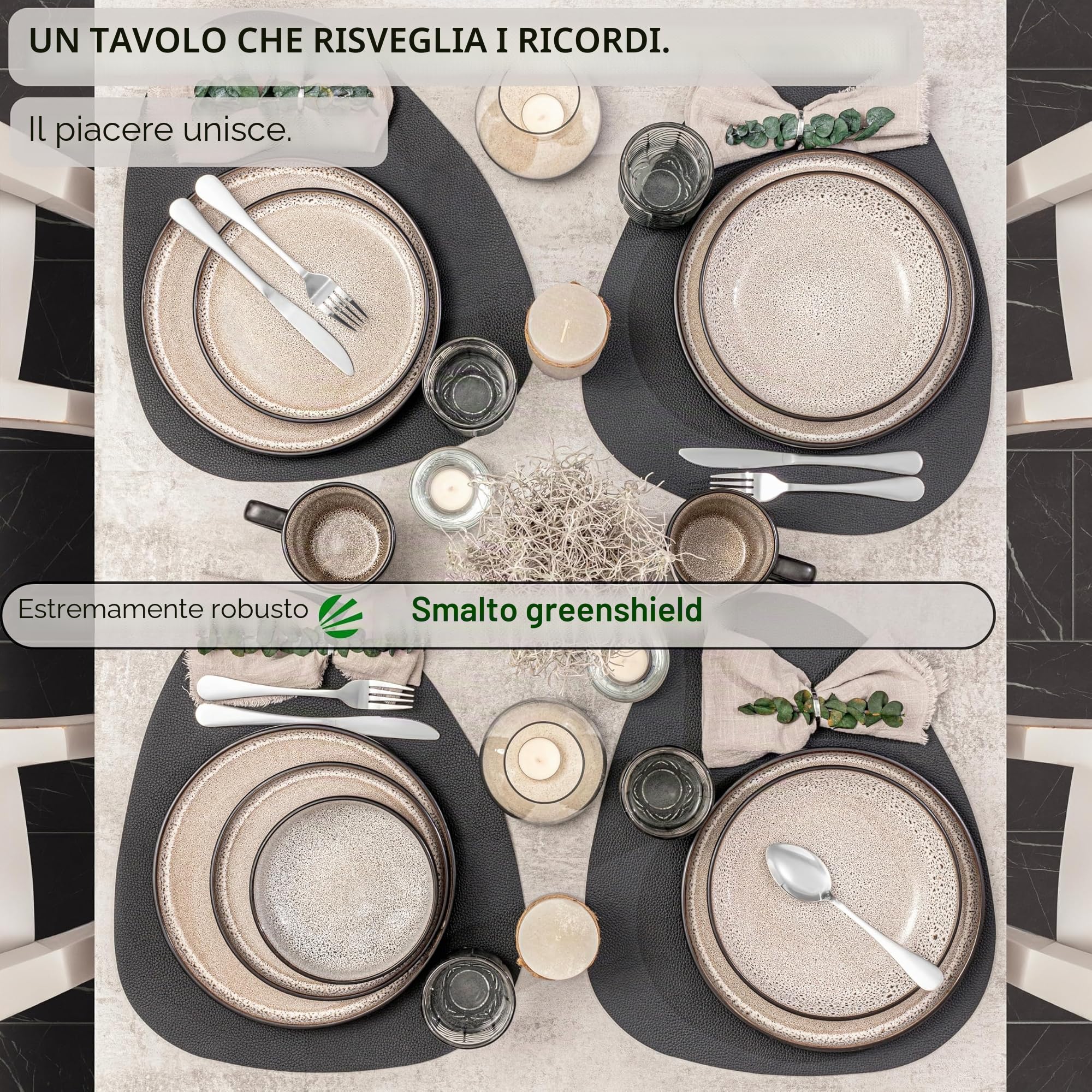 SÄNGER Luxor - Set di piatti in gres porcellanato, 18 pezzi, per 6 persone, 6 piatti piani, 6 ciotole per cereali, 6 piatti da dessert, stoviglie resistenti marrone e beige