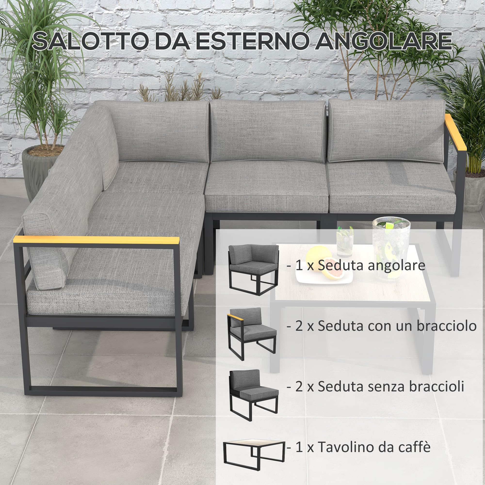 Outsunny Salotto da Giardino con Divano e Tavolino, Set 6 Pezzi in Alluminio con Cuscini Imbottiti, Tavolino con Piano Effetto Legno, Grigio