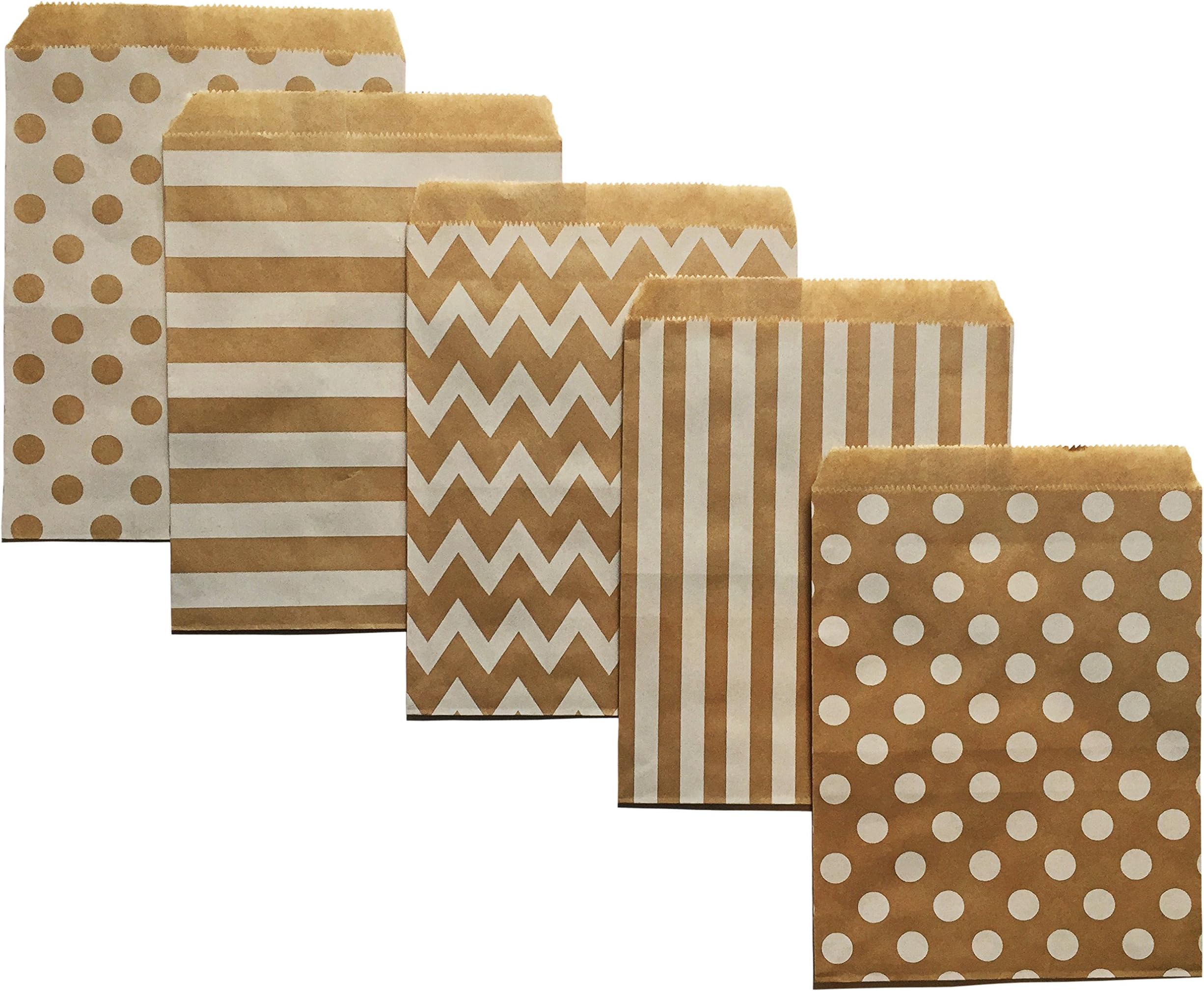 Brown Kraft Paper Party Treat Bags 60 Count 5x7 Chevron Stripe Polka Dot W/ Clear Seals
