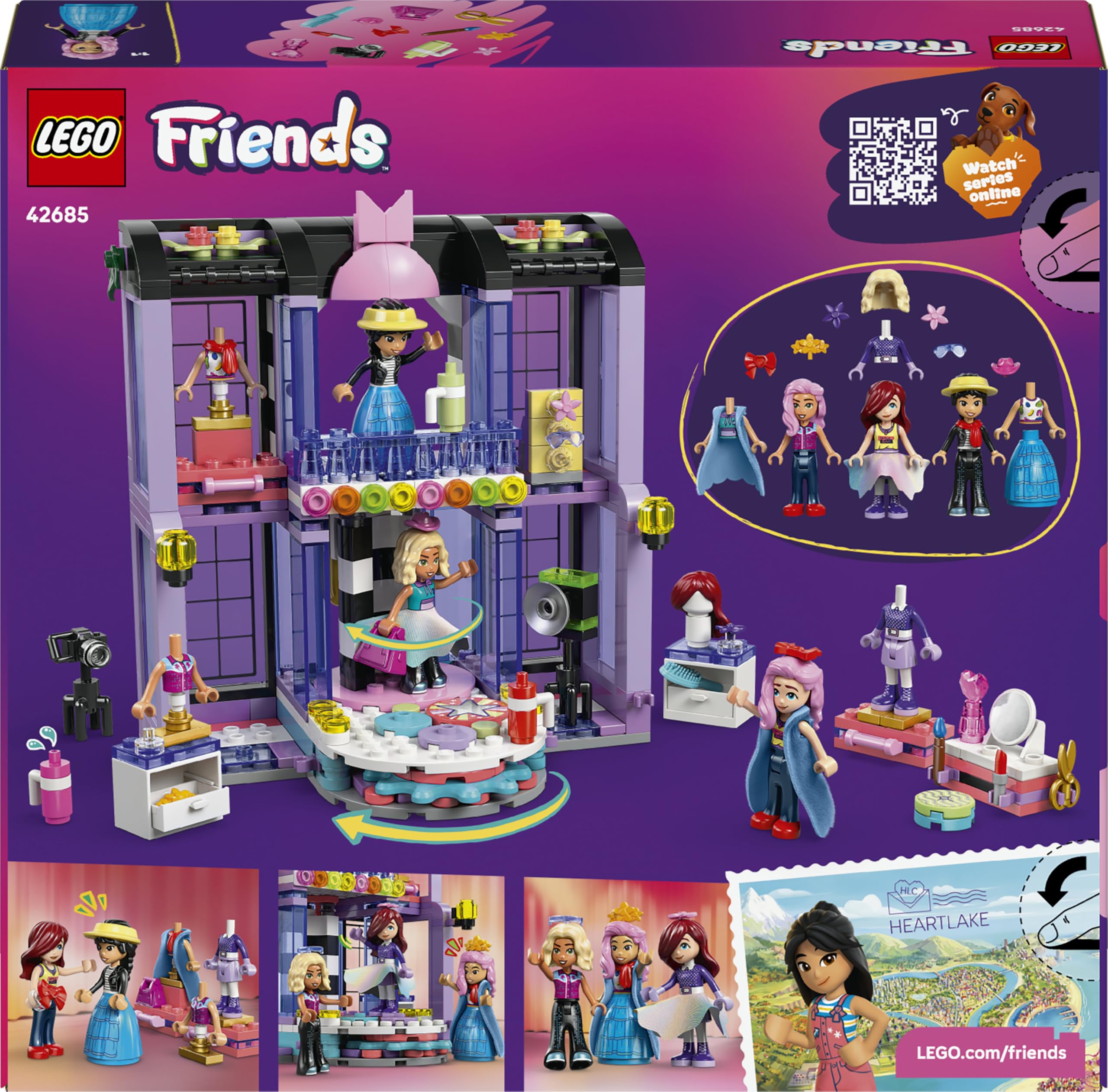 LEGO Friends Fashion Show di Heartlake City - Giocattolo per Travestimenti con 3 Mini Bamboline, Passerella, Abiti Personalizzabili con Accessori - Regalo Creativo per Bambine da 7 Anni in su - 42685