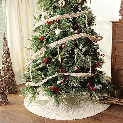 Miniatura 4 de LimBridge Falda de árbol de Navidad de punto 36 pulgadas de falda de árbol blanco crema, borde de diamante trenzado grueso rústico decoraciones de