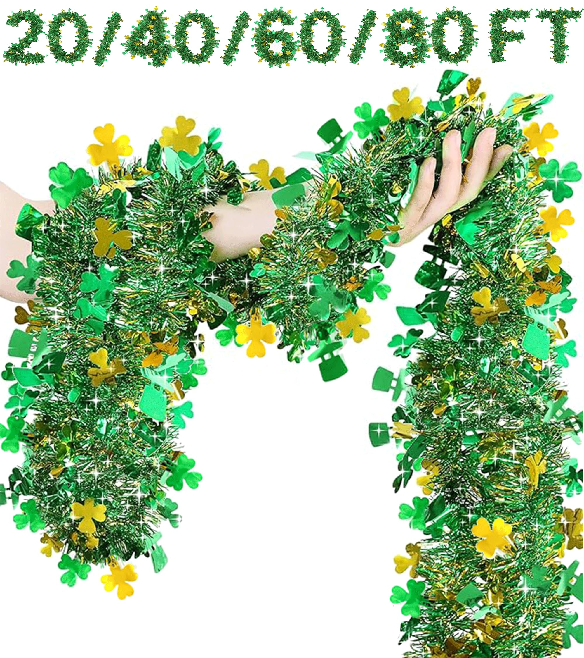 ?20/40/60/80 FT? St Patricks Day Garland Decor Gold Green Shamrock Hat Tinsel Garland, Shiny Metallic Streamer Twist Garland Hanging St Patricks Day Decorations for Home Indoor Outdoor Party Supplies