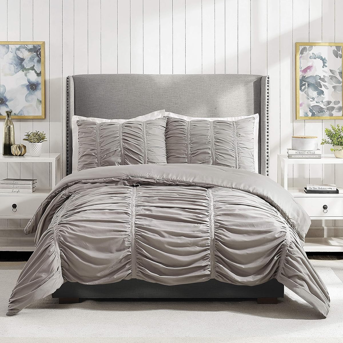 MODERN HEIRLOOM Emily Texture (Light Gray) 3-Piece Comforter Set, Ruched All