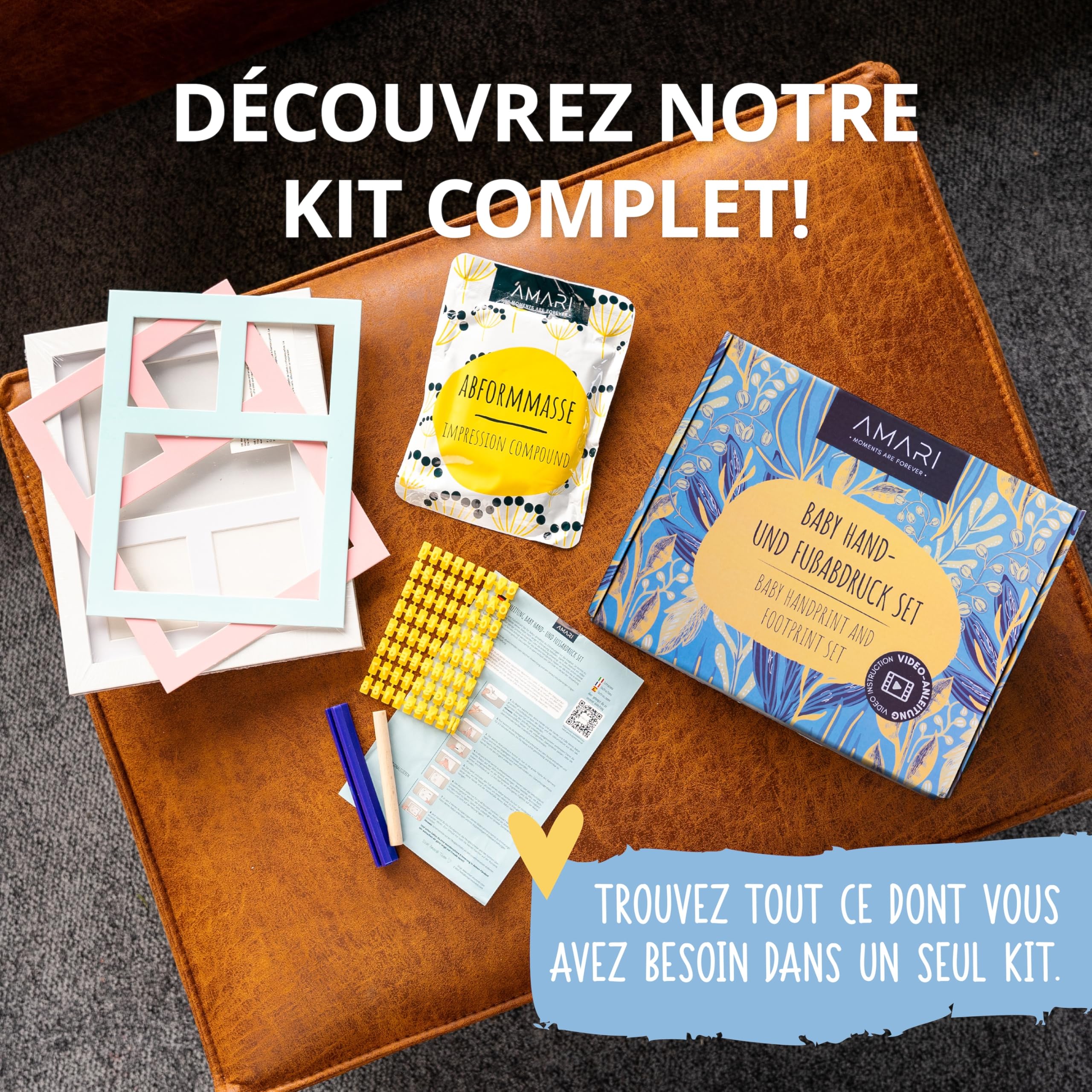 Kit d'empreintes de plâtre pour bébé - Main et pied avec cadre photo - Cadeau de naissance