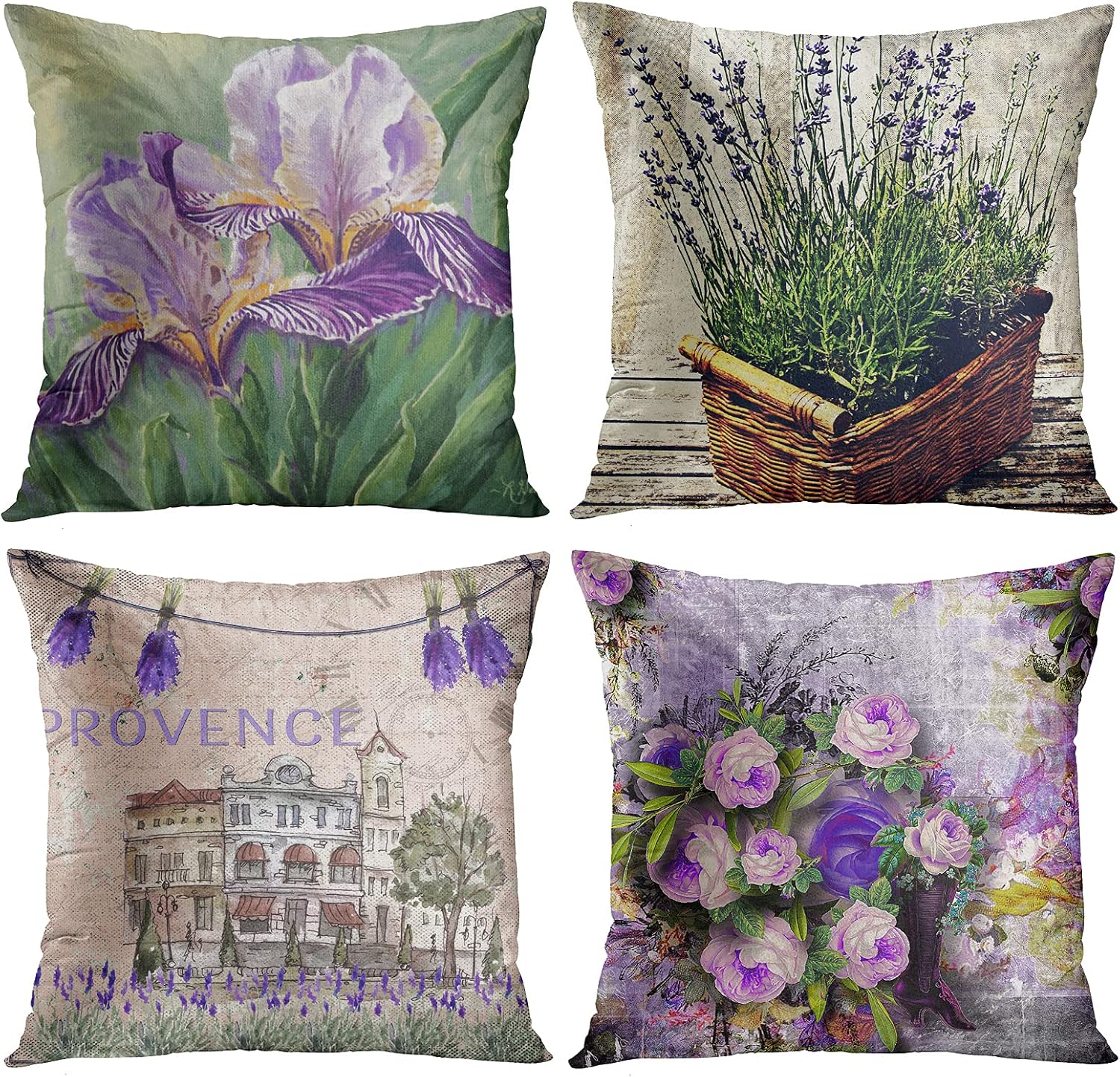 ArtSocket Set of 4 Throw Pillow Covers Watercolor Blossom Provence France Lavender Flower Summer Love Beautiful Green Iris Decorative Pillow Cases Home Decor Square 20x20 Inches Pillowcases