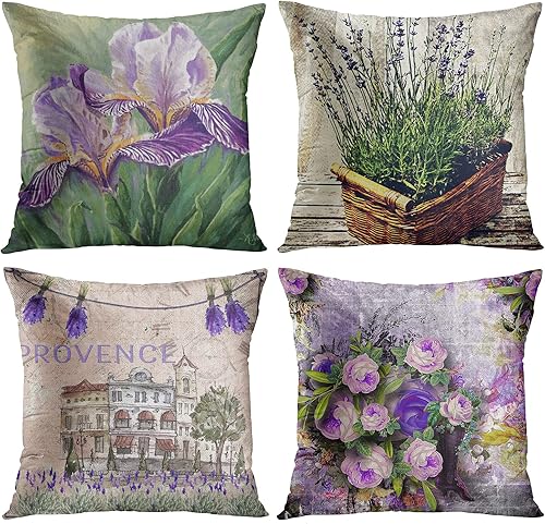 ArtSocket Juego de 4 fundas de almohada decorativas con diseño de acuarela, flor de provenza, francia, lavanda, amor de verano, hermoso iris verde,