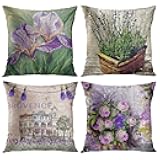 ArtSocket Set of 4 Throw Pillow Covers Watercolor Blossom Provence France Lavender Flower Summer Love Beautiful Green Iris Decorative Pillow Cases Home Decor Square 18x18 Inches Pillowcases