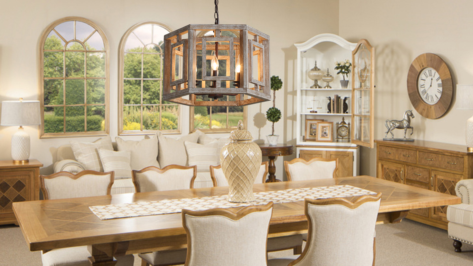 Farmhouse Chandelier Light Fixture, 6-Light Rustic Wood Pendant