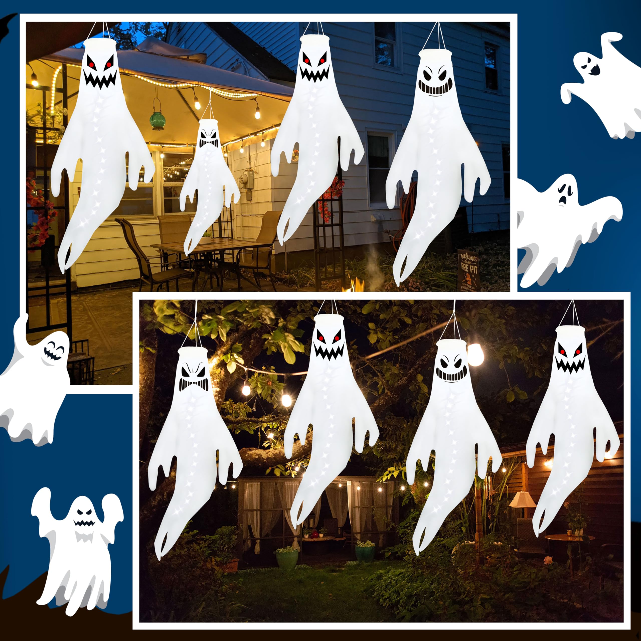 Calcetines De Viento Fantasma Con Luces LED Para Halloween - Decoración Aterradora Para Exterior E Interior | 2 Piezas Con Expresión De Miedo