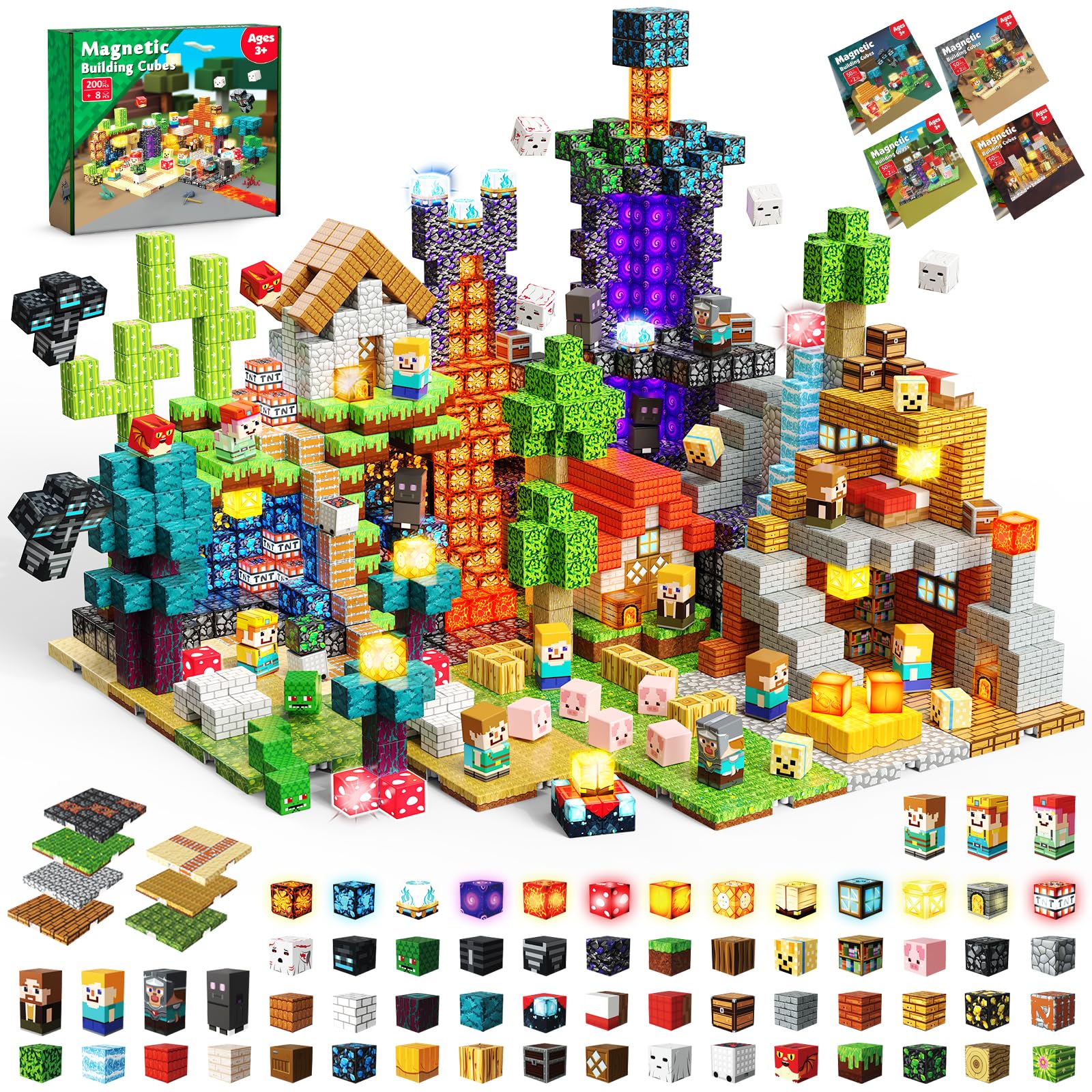 Goody King Bloques Magnéticos Construcción Niños 200 Piezas + 8 Bases - 4 Temáticos: Portal, Mina, Ruinas Crepusculares y Habitación, Juego de Construcción Educativo Regalo para Niños de 4 a 12 Años