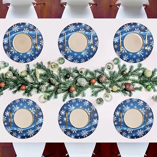 Miniatura 7 de Kcldeci Juego de 4 manteles individuales de Navidad para mesa de comedor, diseño de copos de nieve de Navidad, color azul, manteles individuales
