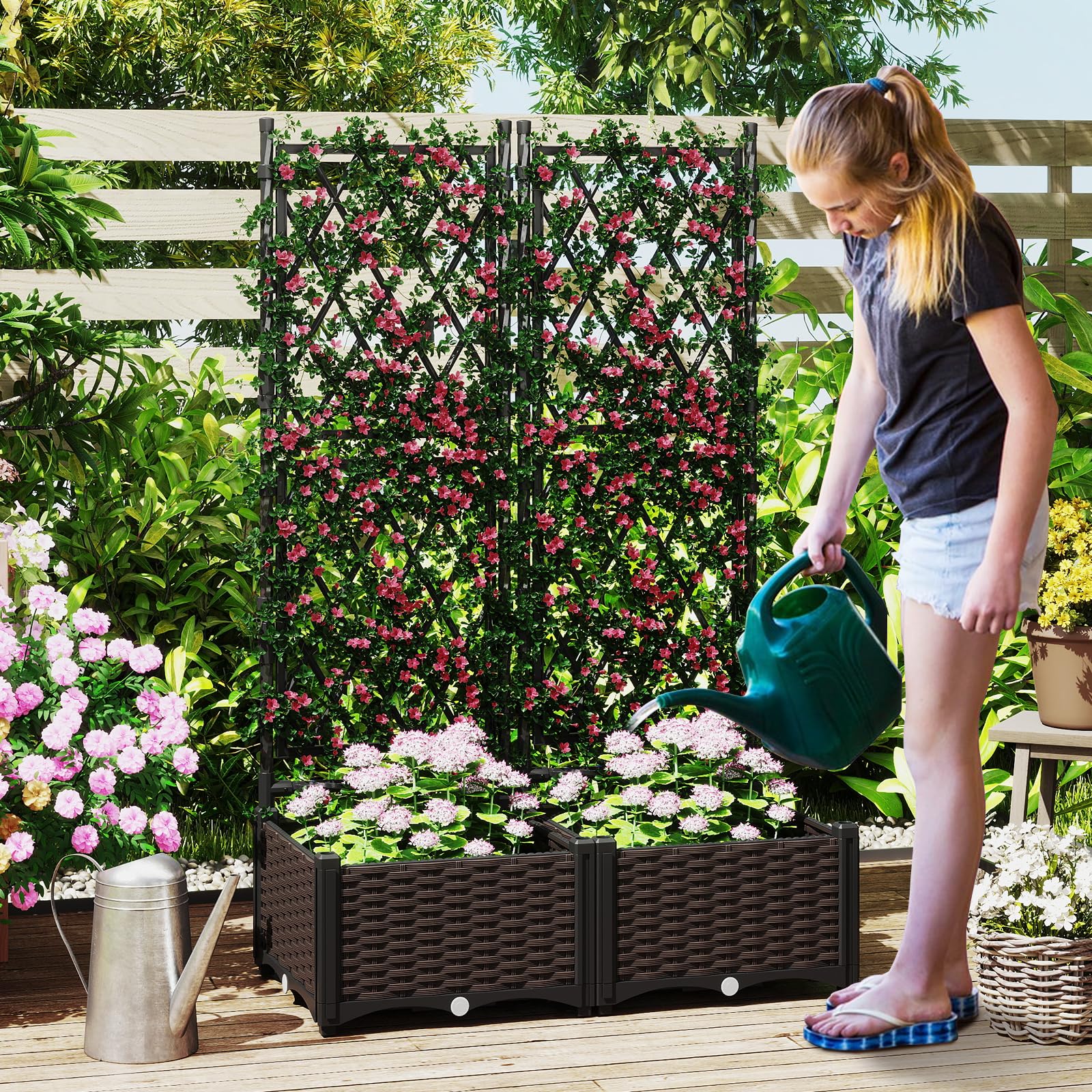 Outsunny Plantenbak Met Rankgitter, Weerbestendig, Open Bodem, 61 Cm X 61 Cm X 140 Cm Grun~1llj5rup84g01