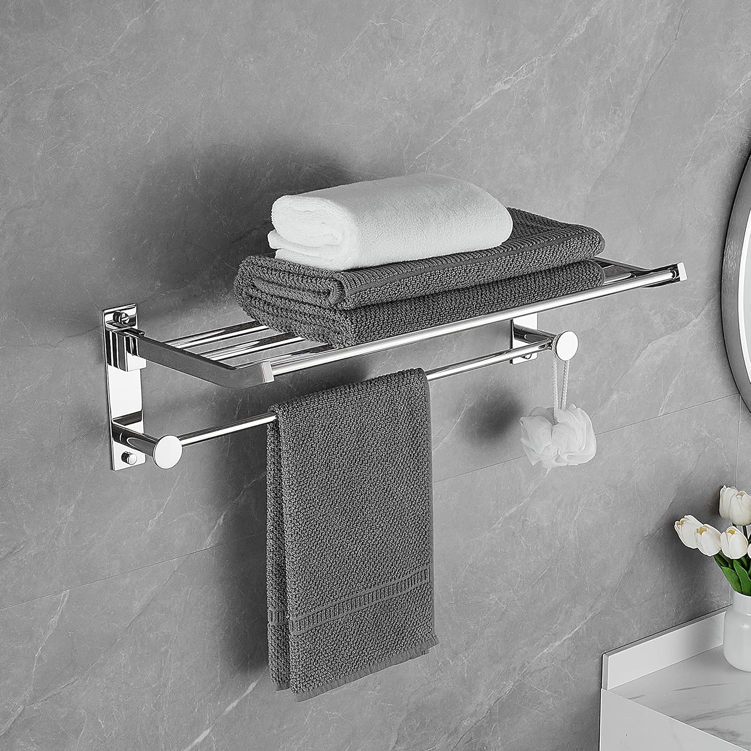 JunSun Foldable Towel Rack with Towel Bar Stainless Steel Polished Chrome Multifunctional Towel Shelf Bathroom Hardware Towel Holder Modern Towel Hanger Storage Shelf Wall Mounted Mirror Polished Polished Mirror