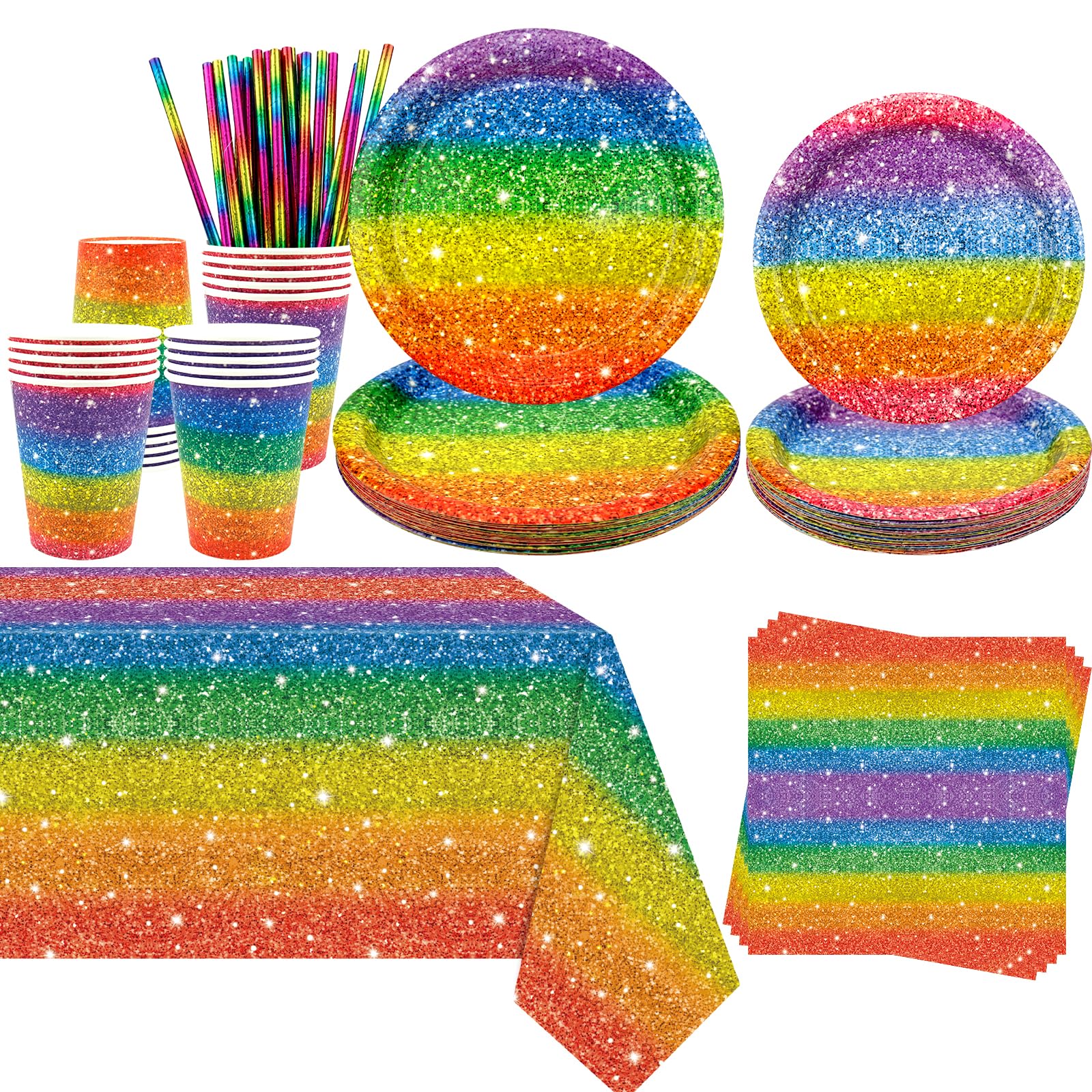 Obussgar Rainbow Party Decorations - Rainbow Party Tableware Supplies Includes Plates, Cups, Napkins, Tablecloth, Straws - Serves 20 (Dark colours)