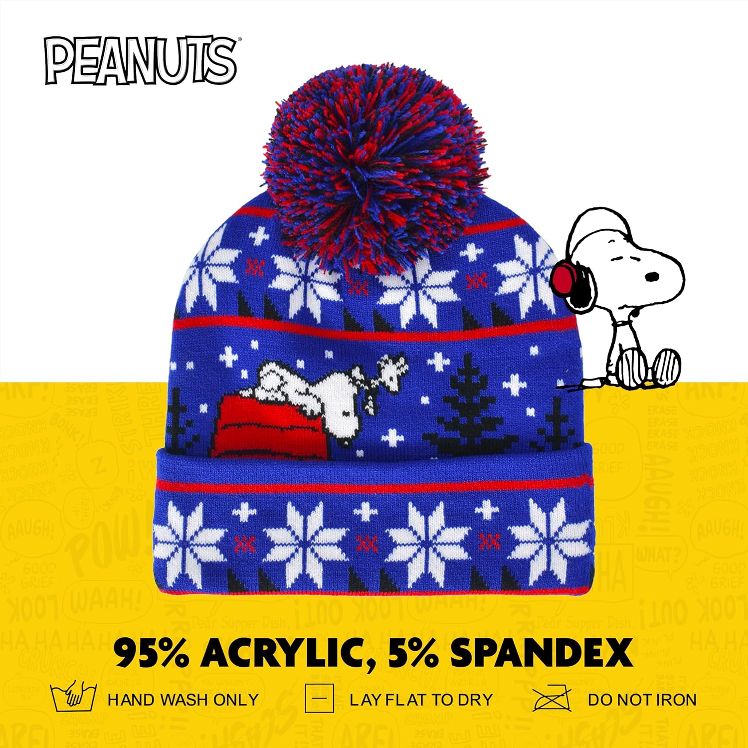 Peanuts Snoopy Beanie Hat, Knit Roll Down Cuffed Winter Cap