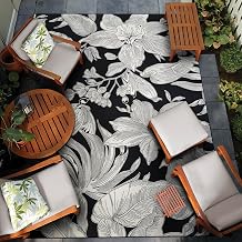 Couristan Dolce Flora 9'8" x 13'6" Nero Black Ivory Botanical Floral Indoor Outdoor Area Rug - Hose Washable Flat Weave, UV-Protected, Living Room Dining Room Deck