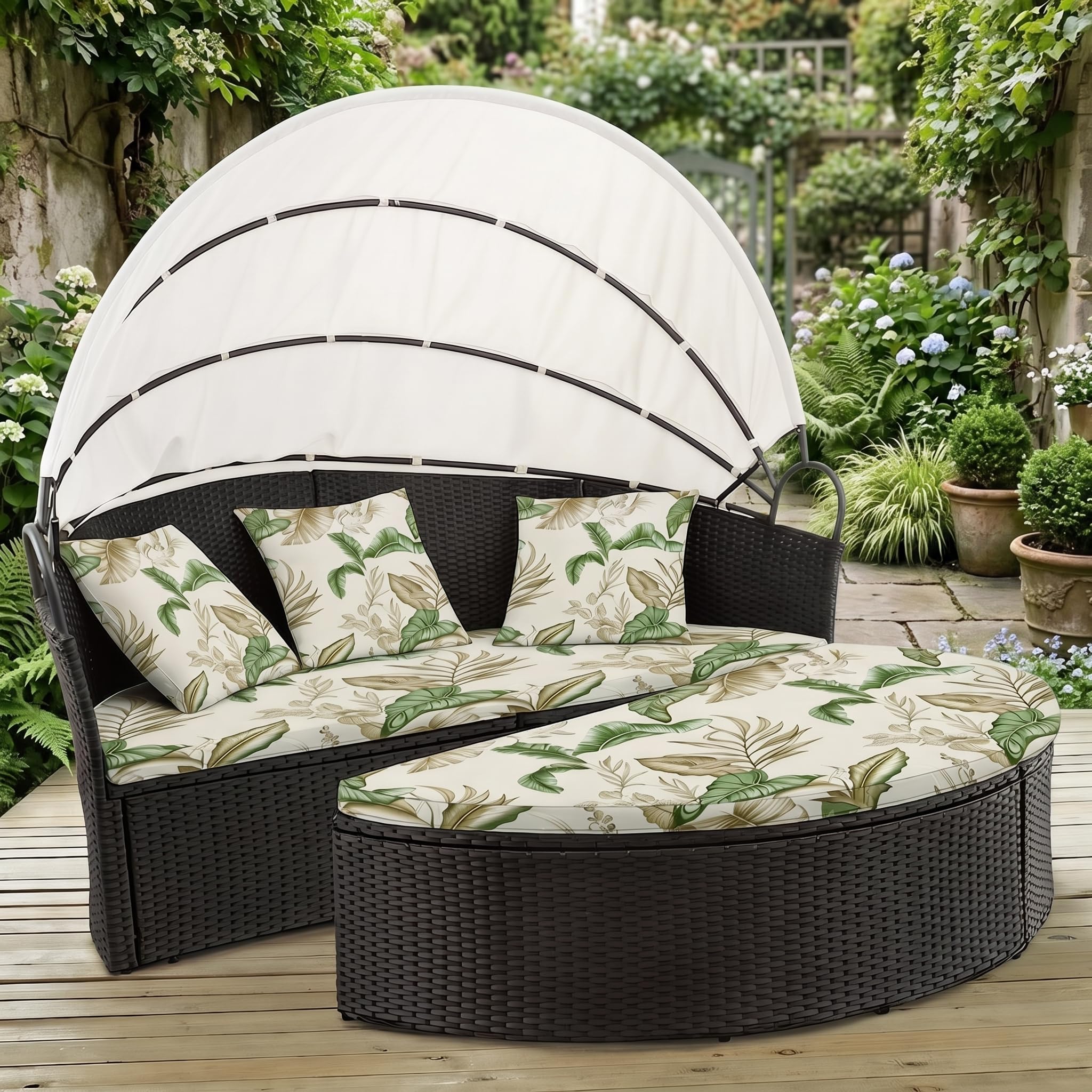 LiveGo Outdoor Daybed Cushion Cover, 66" Replacement Daybed Cover with Elastic Band, Sun Bed Cushion Cover, Outdoor Round Bed Cushion Covers (Leaves D, 2 Half Round Covers + 3 Pillow Covers) — image 1