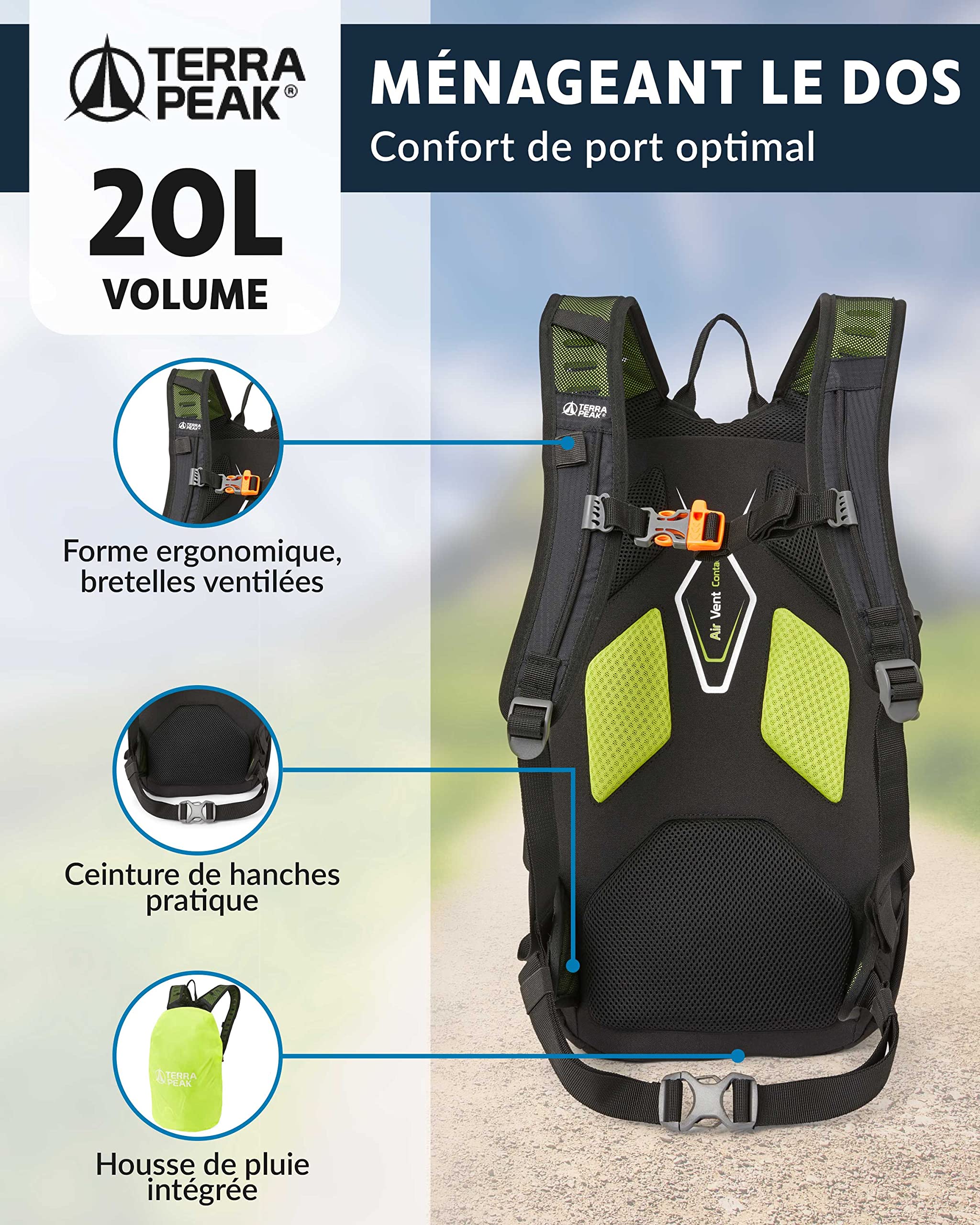 Terra Peak® Sac à dos de randonnée 20L (ACTIVE 20) petit pour femme et homme - Sac a dos de trekking, chasse et voyage (respirant, imperméable) - Sac alpinisme, escalade et de jour (ergonomique)