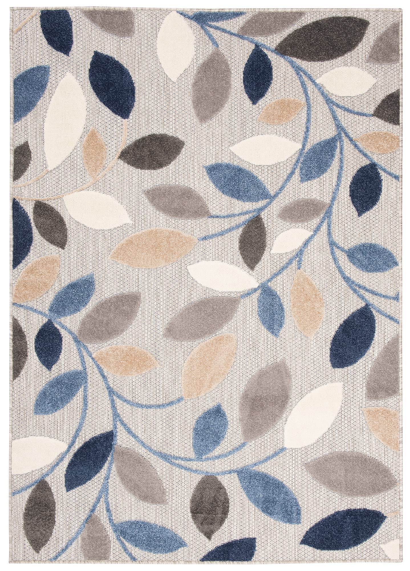 TAPISO Alfombra para terraza, Exterior, Interior, terraza, balcón, jardín de Invierno, Cocina, salón, Moderna, Beige, Azul, Gris, Hojas, Aspecto 3D, Resistente a la Intemperie, Oeko-Tex, 200 x 300 cm