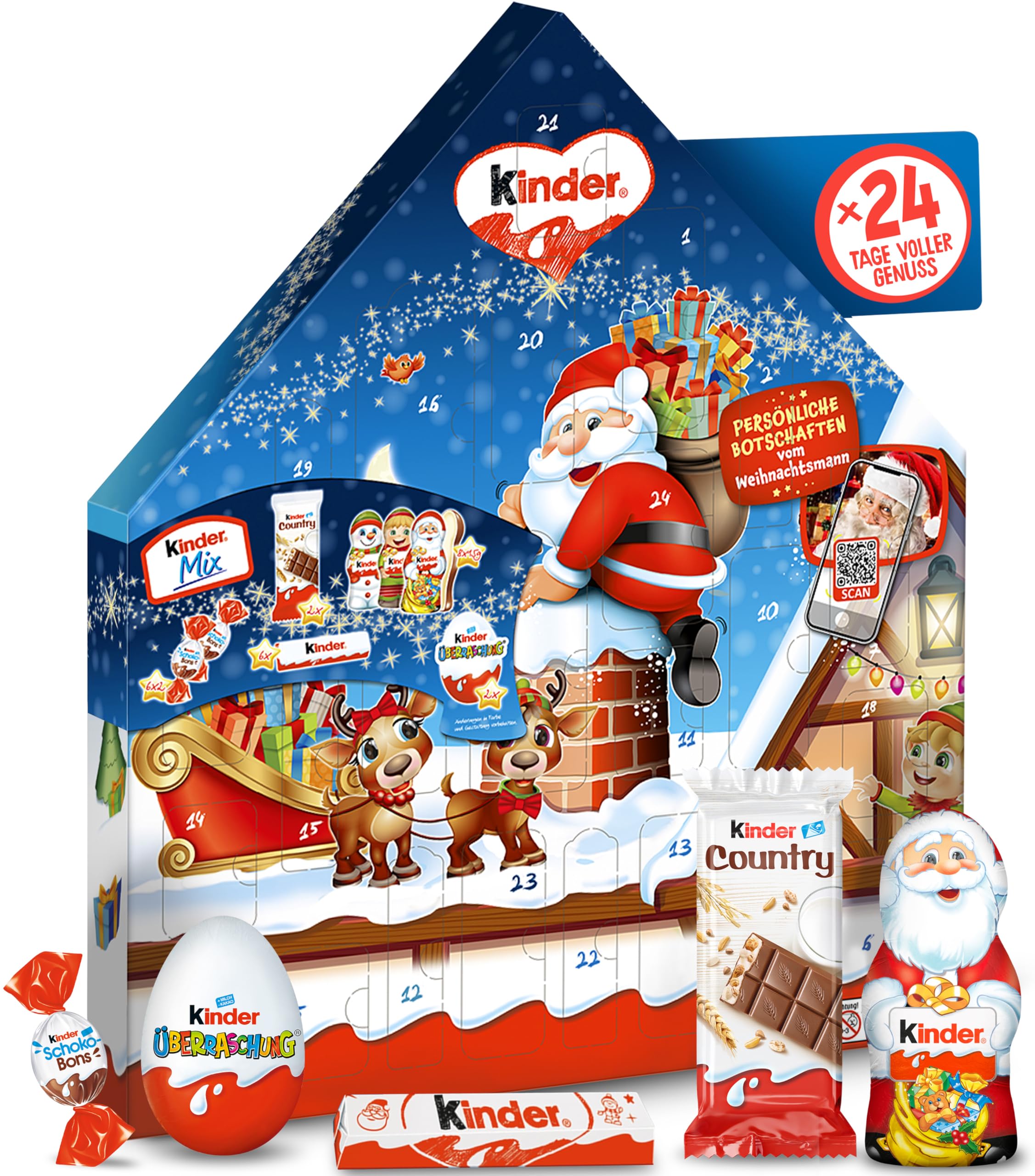 kinder Maxi Mix Adventskalender 2025 - 351g - 8 Hohlfiguren, 2 Überraschungseier & weitere Schokoladen-Spezialitäten - Geschenk im Häuschenformat zu Weihnachten & Adventszeit - Weihnachtskalender