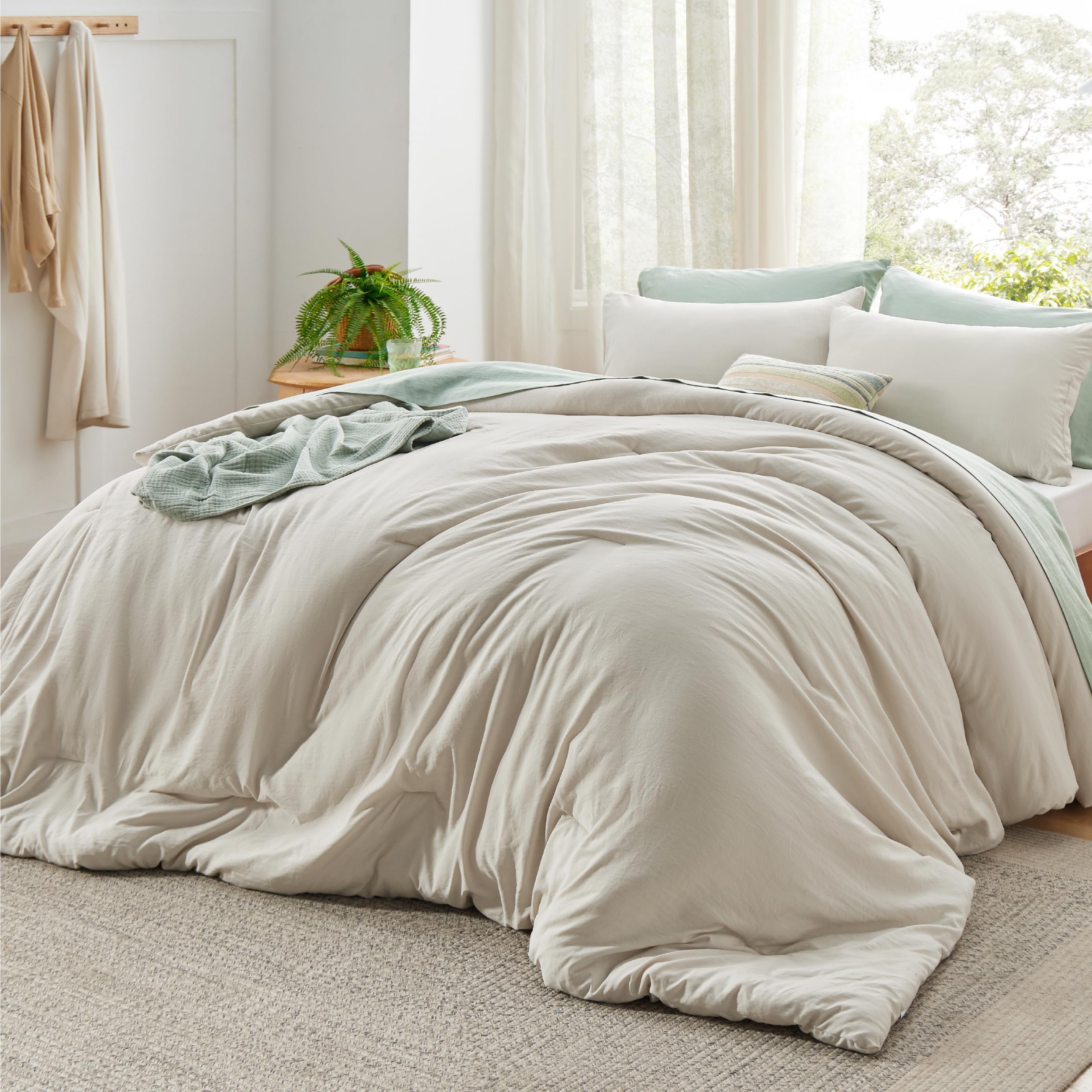 Bedsure Super King Plus Size Comforter Set, Beige Soft Prewashed Bedding for All Seasons, 3 Pieces GentleSoft™ Bed Set, 1 Lightweight Comforter (128"x120") and 2 Pillowcases (20"x36")