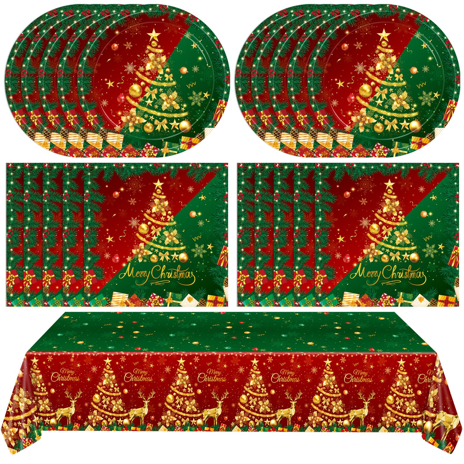 41PCS Christmas Party Supplies Merry Christmas Dessert Paper Plates Napkins and Plastic Tablecloths Tableware Set for Holiday Xmas Party Decorations Supplies Tables Decor Favors Serve 20 Guests