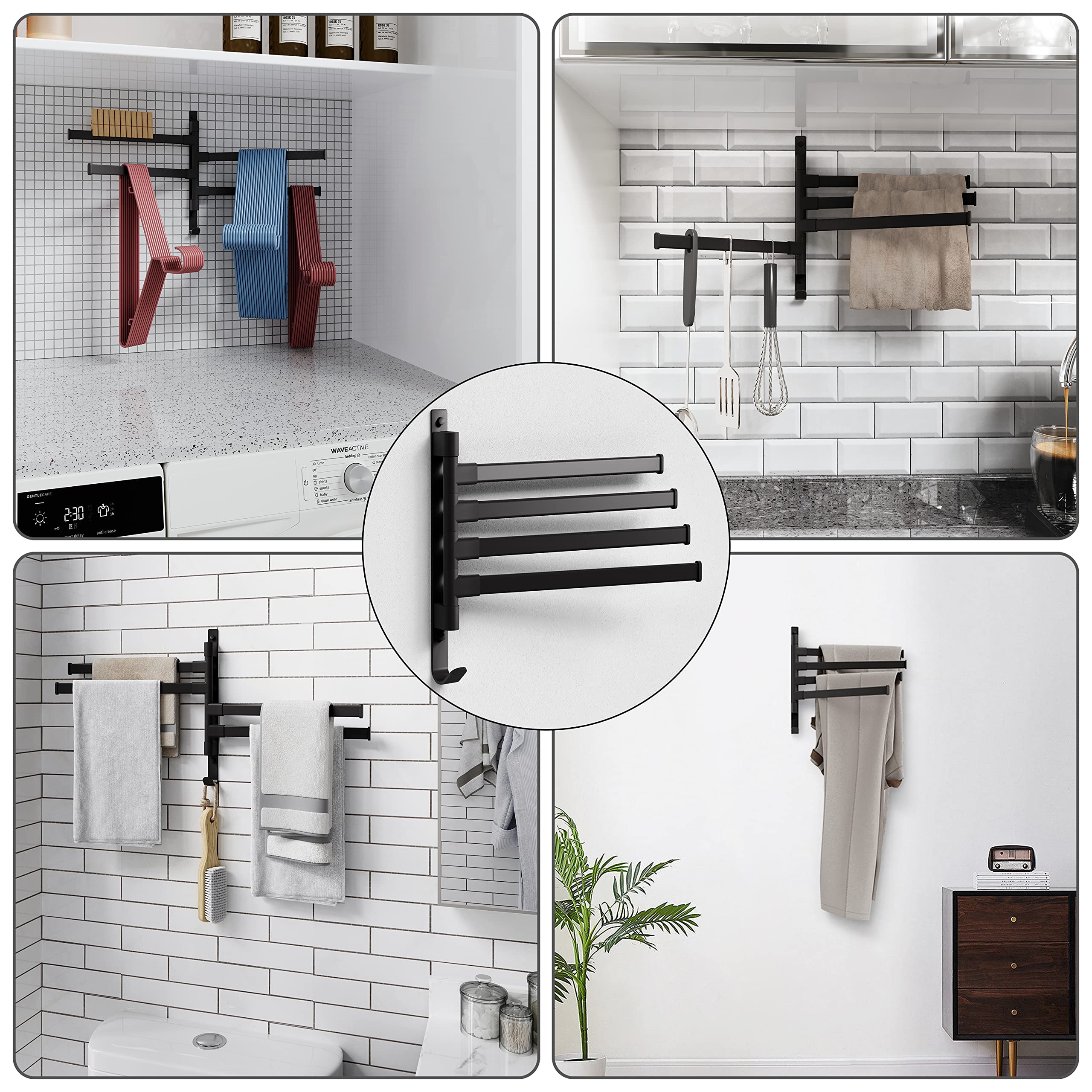 Toallero giratorio, toallero montado en la pared para baño, toallero de 4 brazos con gancho, toallero de ahorro de espacio para baño 5