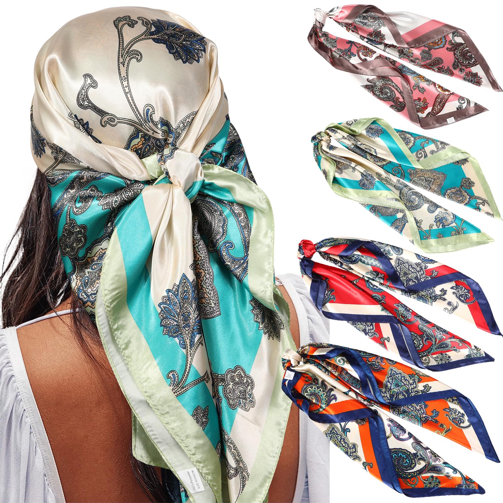 AWAYTR 35” Satin Large Square Head Scarves - 4PCS Silk Like Neck Scarf Hair Sleeping Wraps Satin Silk Scarfs for Women