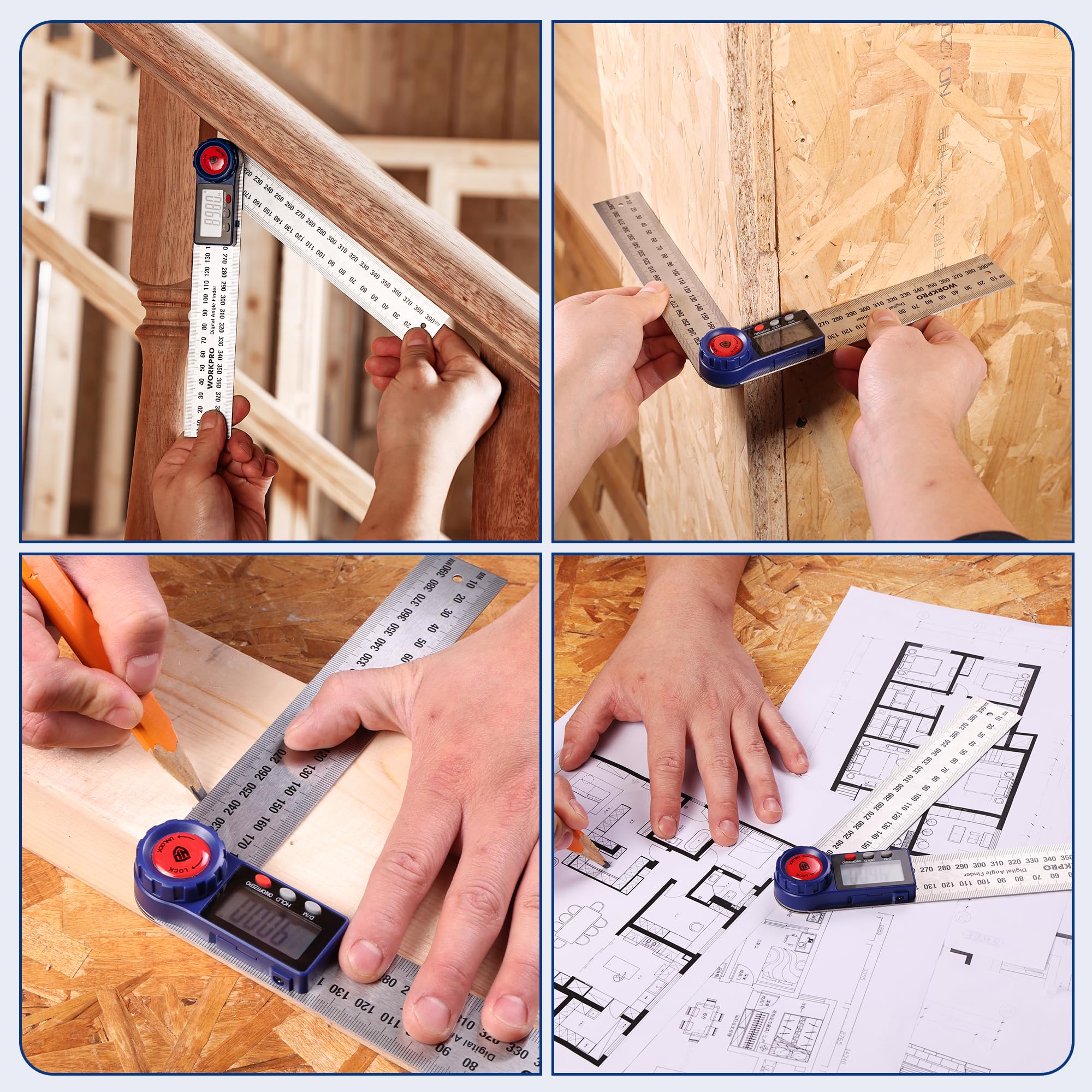 WORKPRO Goniometro Digitale 200 mm 2-in-1 con Righello in Acciaio Inossidabile, Misura Angolo 360° con Schermo LCD, Strumento di Precisione per Falegnameria, Taglio e Fai-da-te