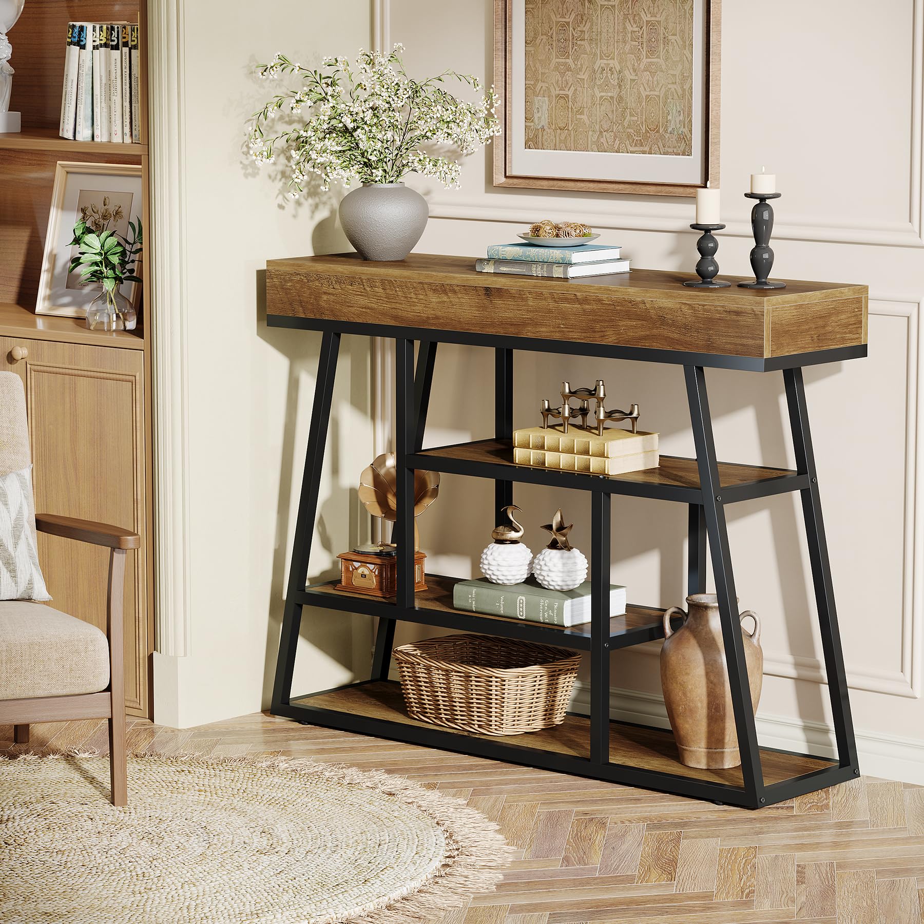 Tribesigns Tavolo Consolle Industriale, Consolle Ingresso Stretta con 4 ripiani Struttura in Metallo per Corridoio, Soggiorno, Cucina, 105 x 30 x 85 cm, Marrone Rustico
