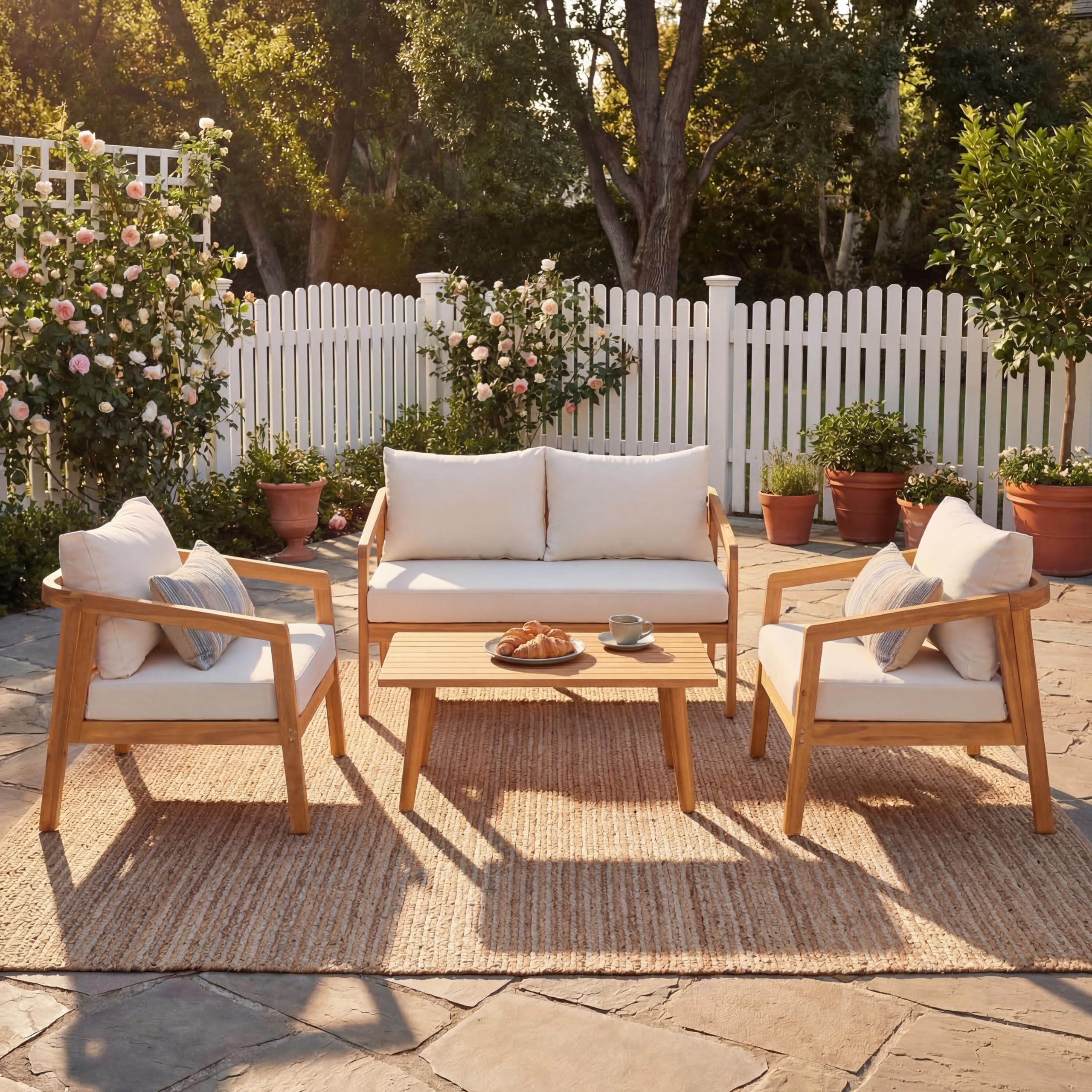 Photo 1 of ****PARTIAL SET, NOT A COMPLETE SET *** Christopher Knight Home Sures 4-Seater Patio Furniture Set with Removable Cushion, 4 Piece Outdoor Acacia Wood Conversation Set, Sold Wood Outdoor Sectional Sofa Set with Coffee Table, Natural+Beige